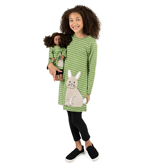 Girl & Matching Doll Set - Cotton Green & White Striped Easter Bunny Dress