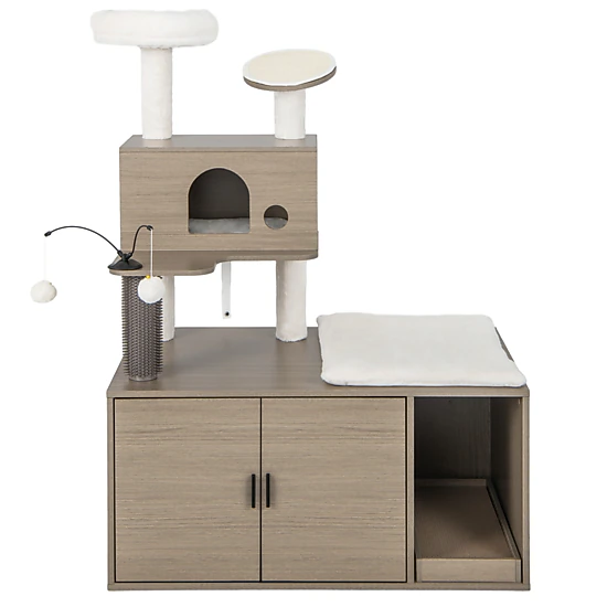 SUGIFT 2-in-1 Gray Cat Tree Tower with Litter Box Enclosure Condo and Scratching Board 37.5-in W 52-in H