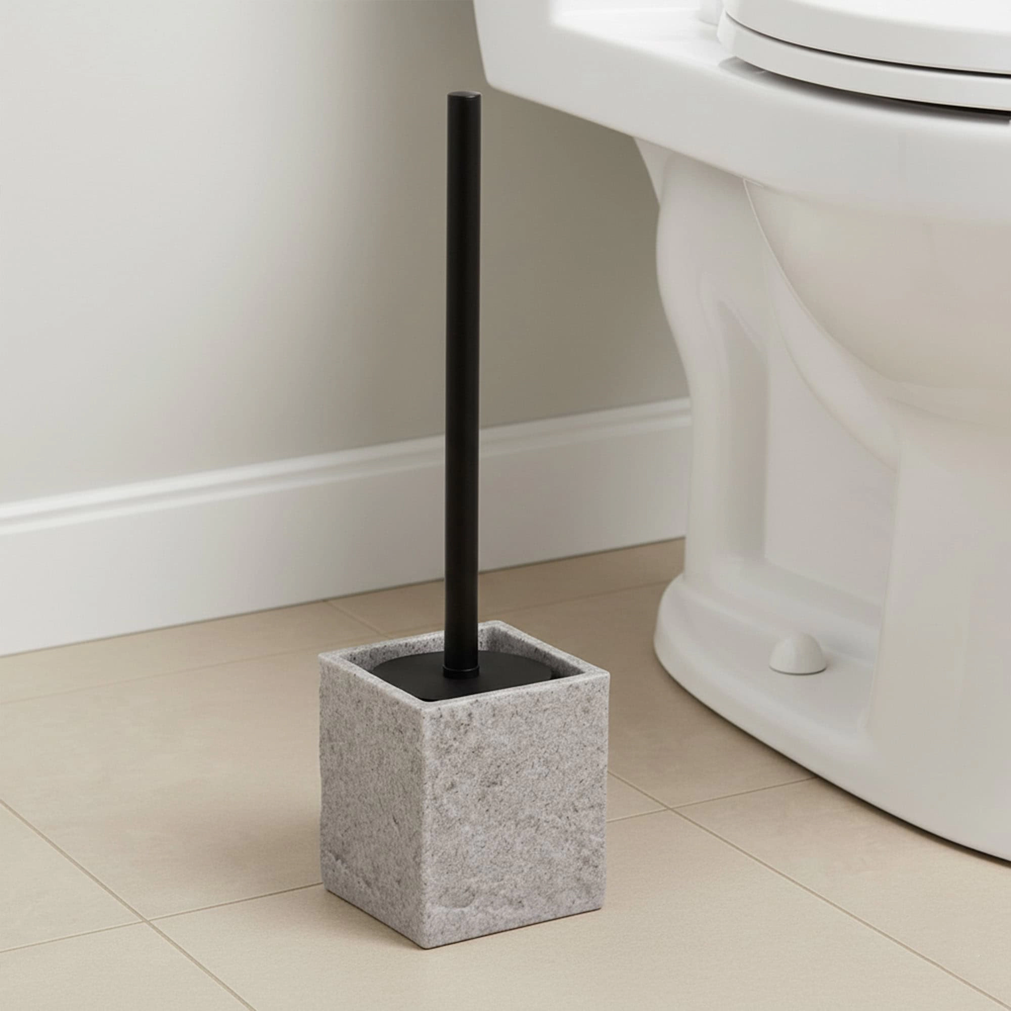 Evideco French Home Goods Stone-effect Polyresin Square Toilet Brush and Holder Set, Sandstone