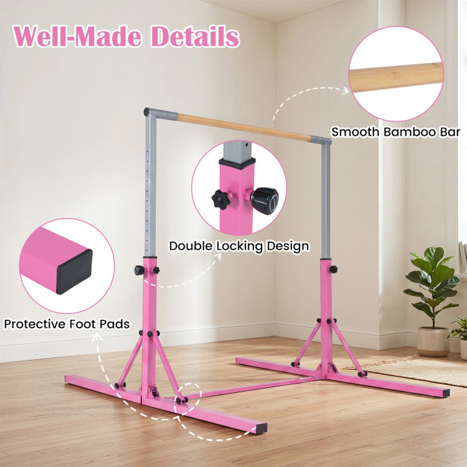 SUGIFT Foldable 13-Level Adjustable Gymnastics Training Bar 265-lb Capacity Ages 3+ Pink