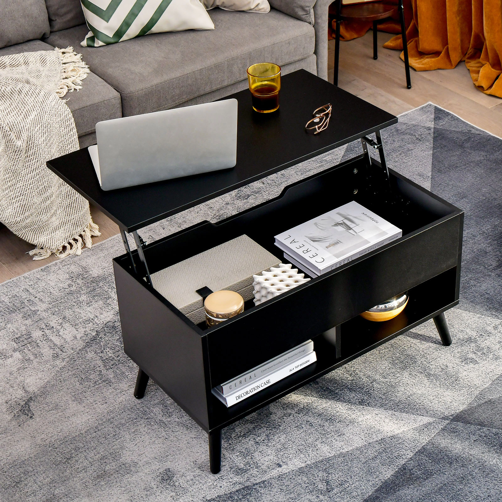 Glintex 31.5-Inch Lift-Top Coffee Table with Hidden Compartment and Shelves, Black