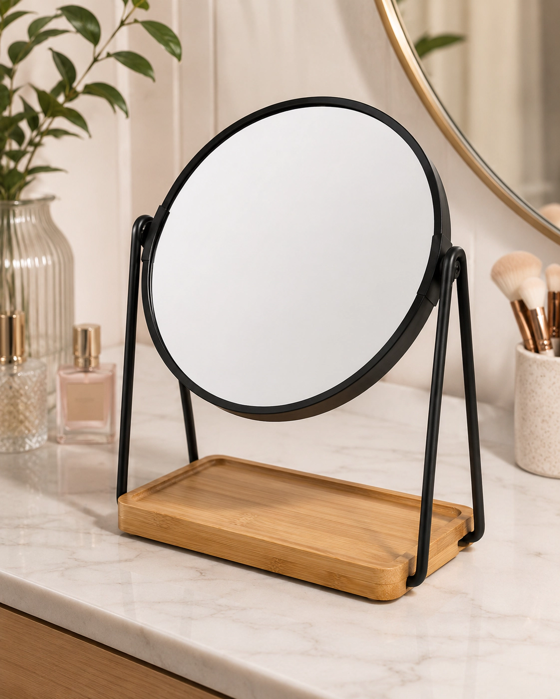 Pursonic Women’s Dual Magnification Vanity Makeup Mirror with Bamboo Tray Organizer Dual Side Mirror