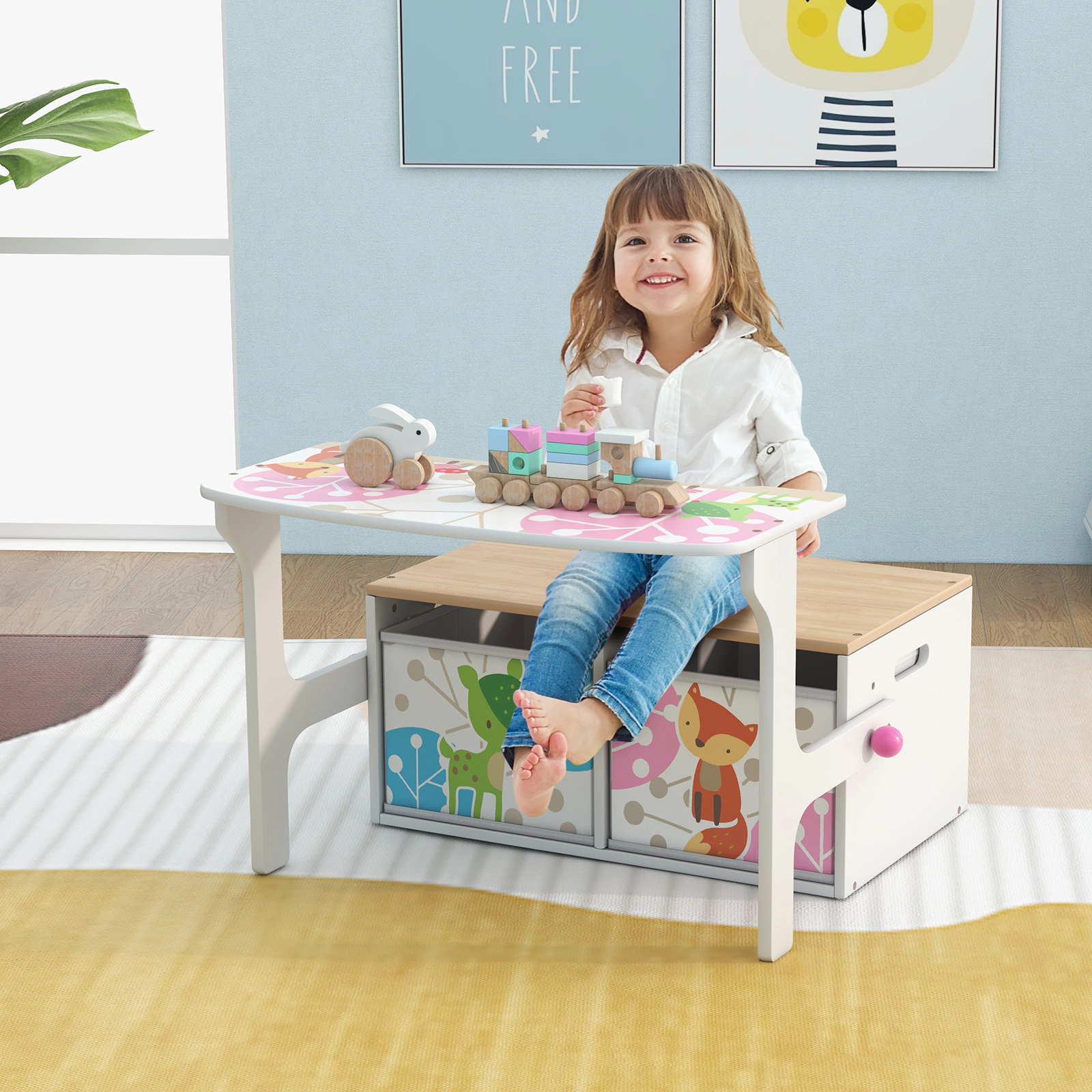 SUGIFT 3-in-1 Kids Convertible Storage Bench, White, Table and Chair Set, 2 Fabric Bins