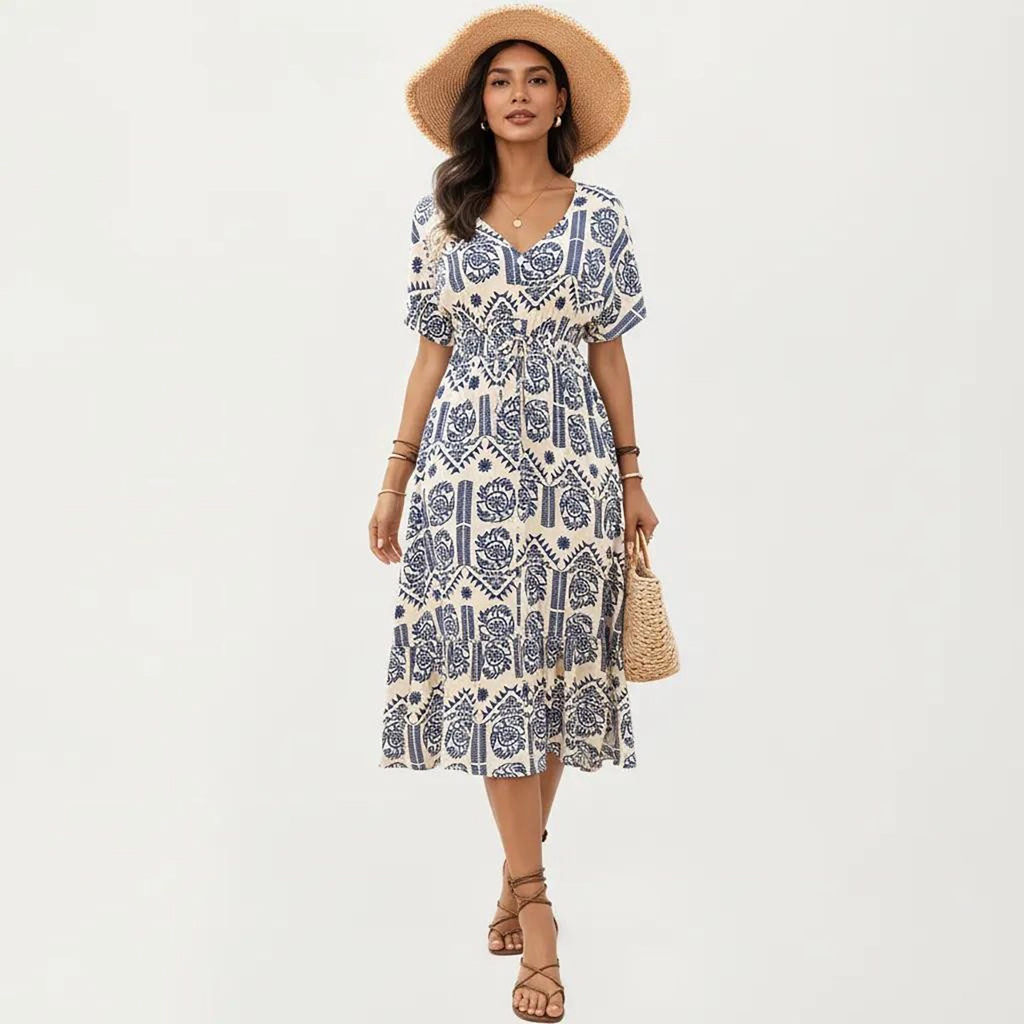 Anna-Kaci Women's V Neck Short Sleeve Print Drawstring Waist Midi Dress