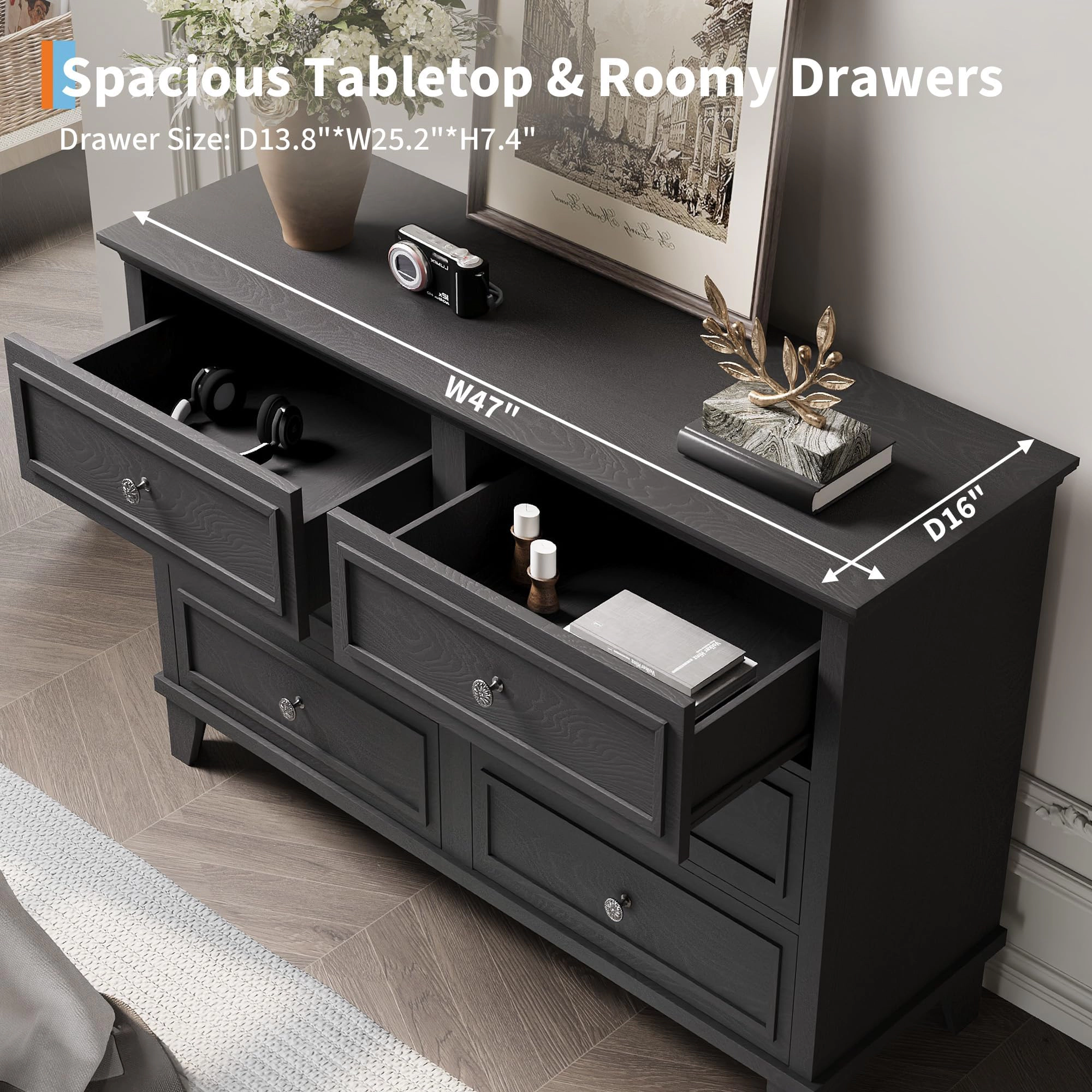 6 Drawer Dresser, Wooden Storage Chest with Metal Handles, Large TV Stand for Bedroom & Living Room