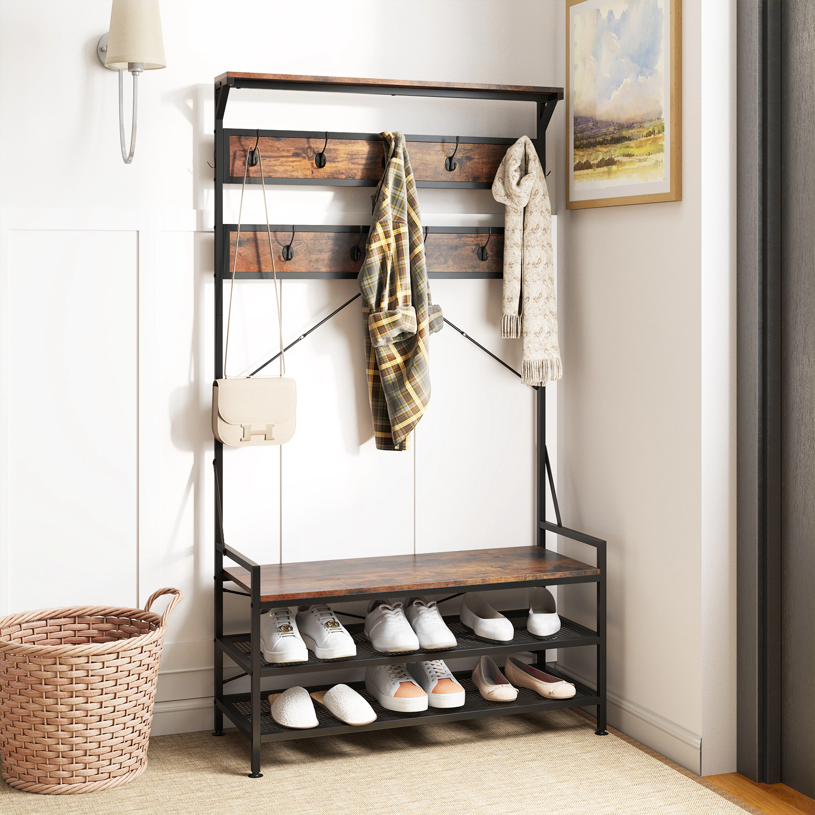SUGIFT 72.5-in 4-in-1 Entryway Hall Tree with Coat Rack 11 Hooks Storage Shoe Bench and 2-Tier Rack