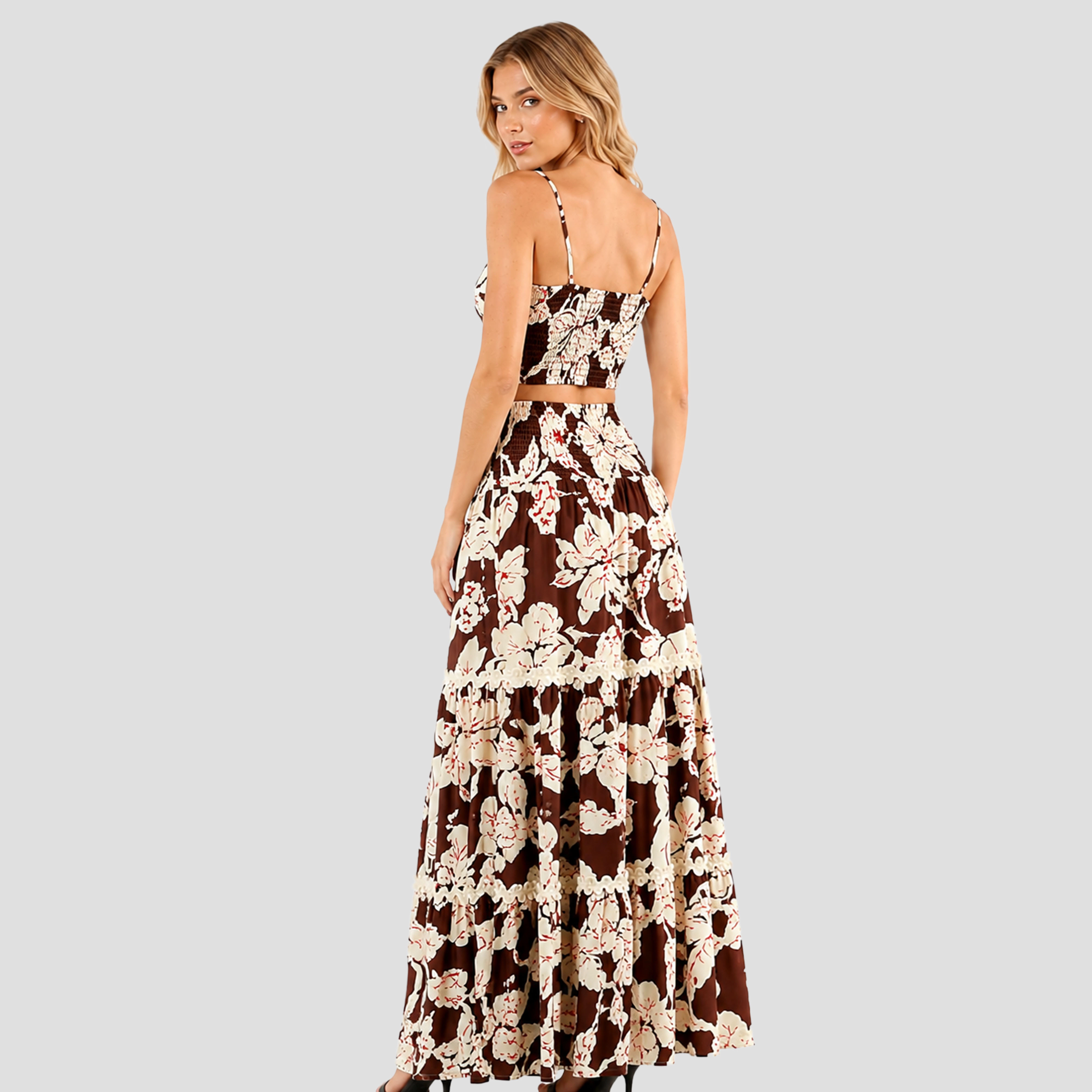 Artyska Women's 2-Piece Floral Print Smocked Crop Top and Tiered Front Slit Maxi Skirt Set