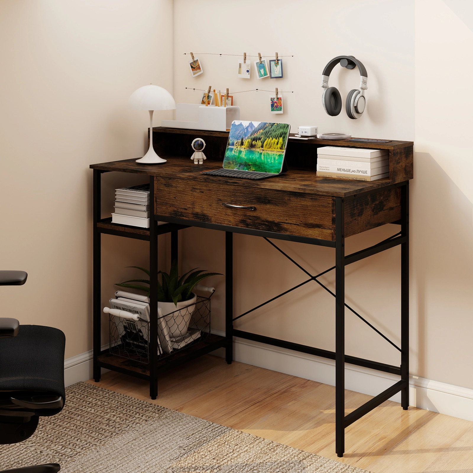 SUGIFT Computer Desk with Hutch Shelf Power Strip Drawer and Shelves 110-lb Tabletop Capacity Rustic Brown + Black