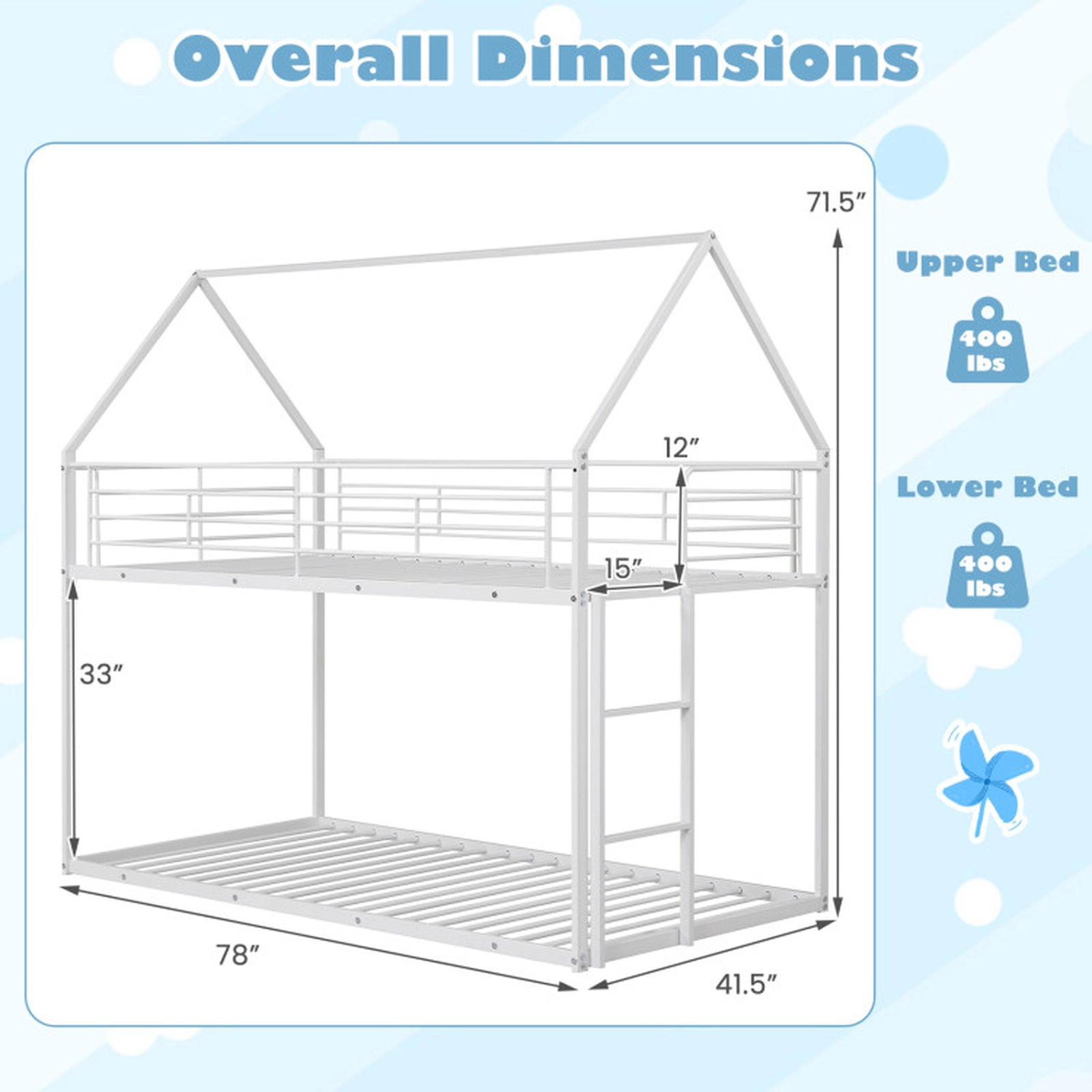 SUGIFT House-Shaped Twin-Over-Twin Metal Bunk Bed with Roof, Guardrails and Ladder 400-lb Capacity White