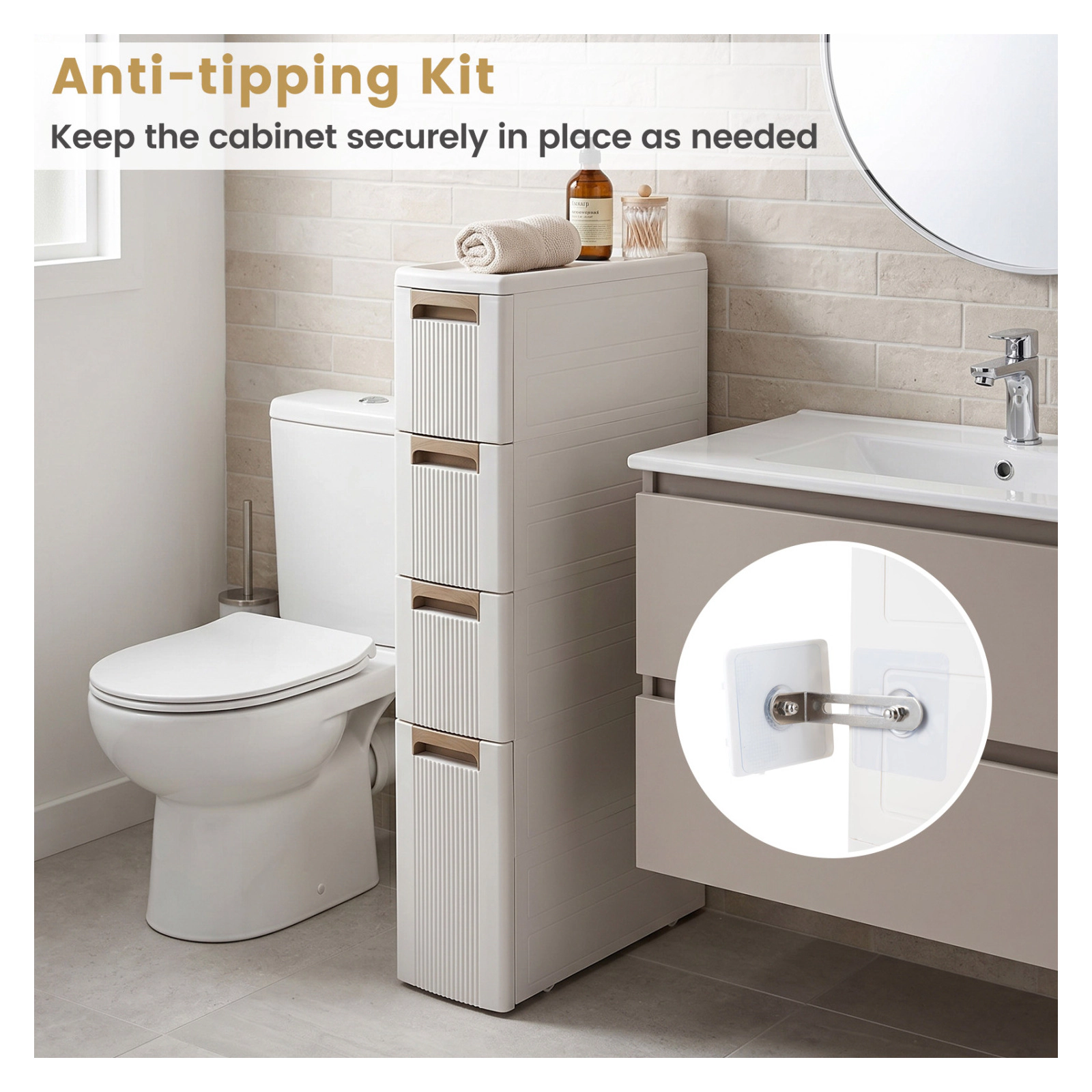 Glintex 4-Drawer Narrow Rolling Cart with Deep Bottom Drawer and Anti-Tip Kit, Beige