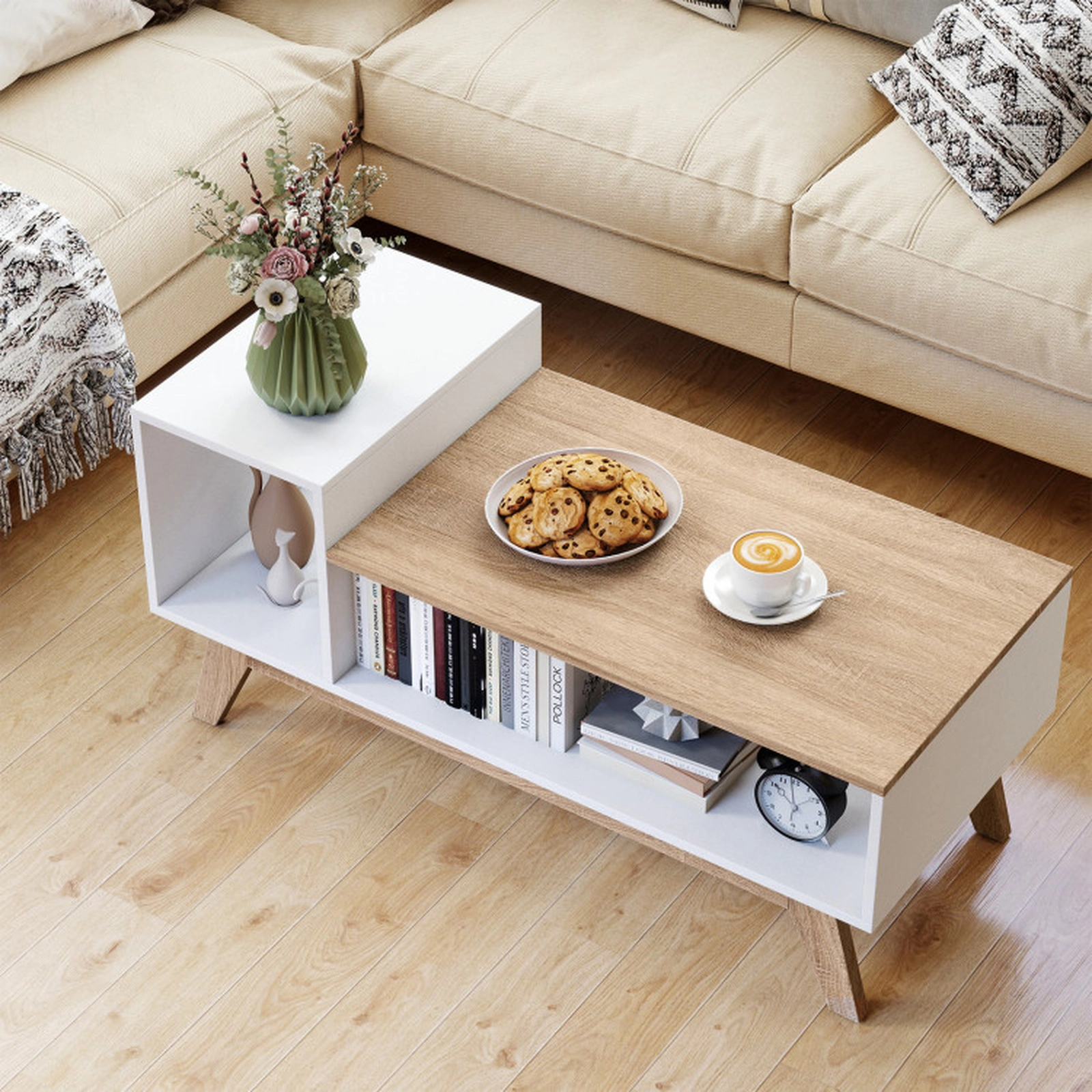 SUGIFT 43-in 100-lb Capacity White Color-Block Coffee Table with Stepped Tabletop and 2 Open Compartments
