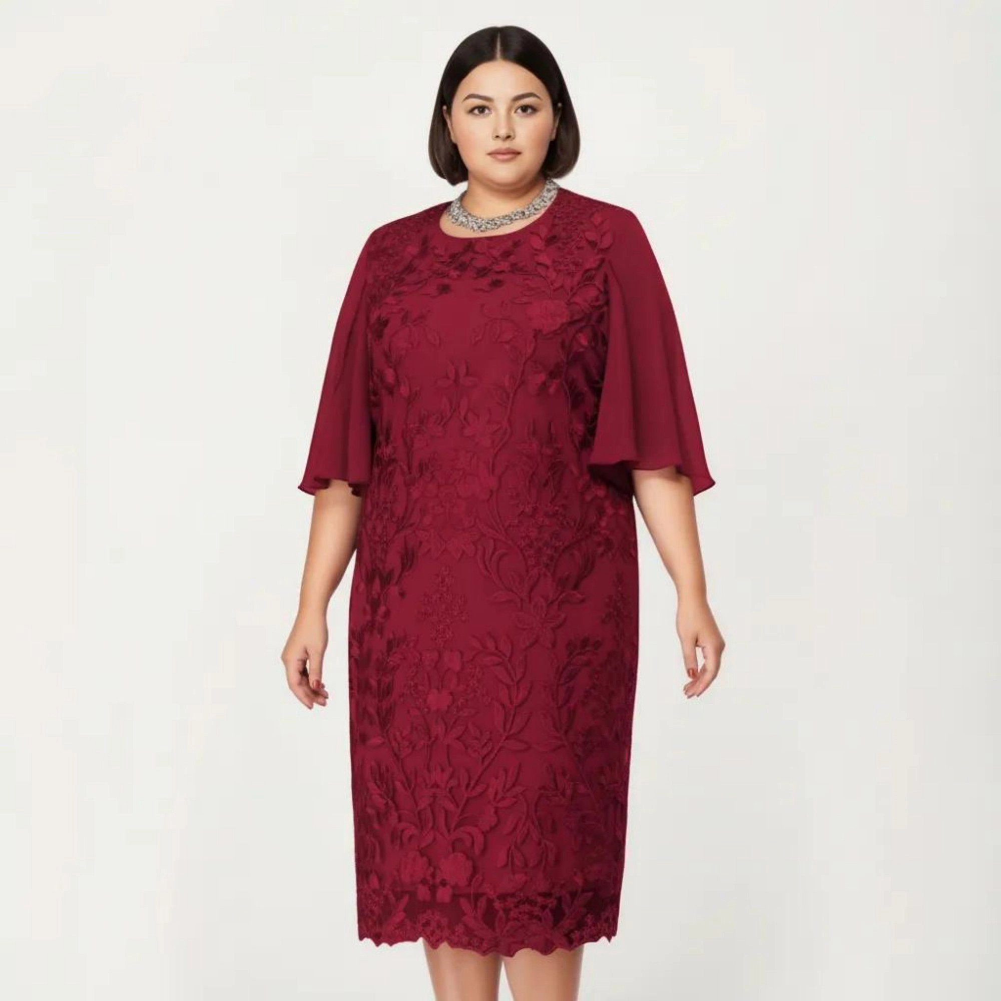Anna-Kaci Women's Plus Lace Sheer Overlay Short Sleeve Loose Fit Elegant Knee Length Midi Dress