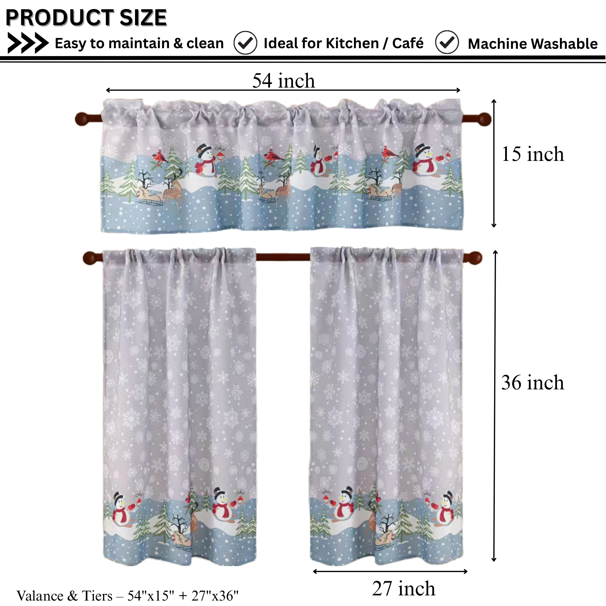 MarCielo 3 Piece Christmas Kitchen Curtains – Snowman Holiday Valance & Tiers