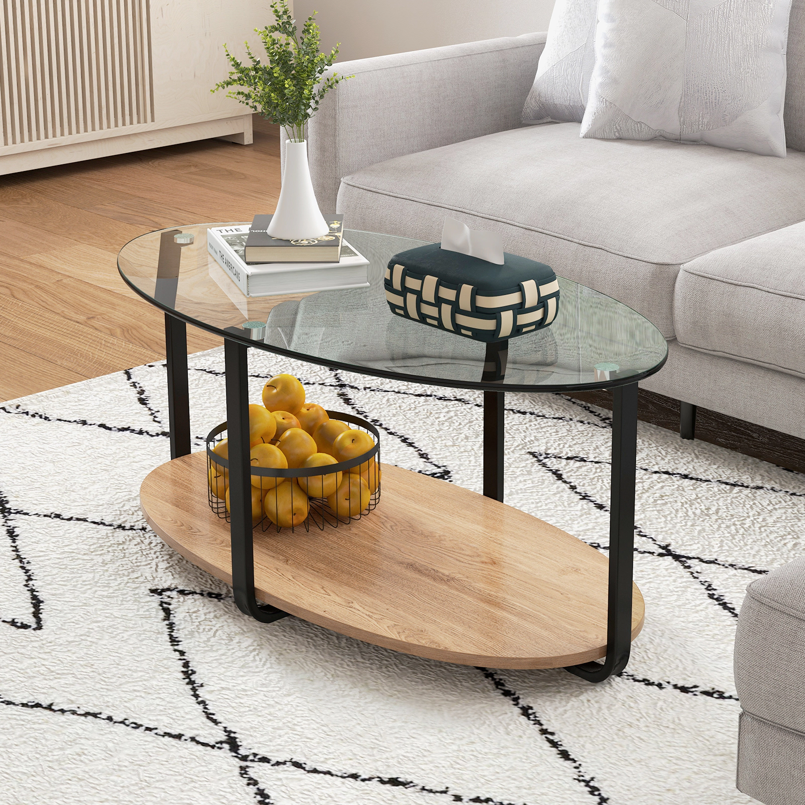 Glintex 2-Tier 37-Inch Oval Coffee Table with Glass Top and Wooden Shelf, Brown