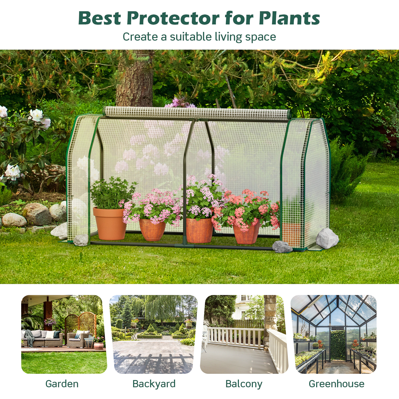 SUGIFT 47-in Mini Greenhouse Outdoor Small Grow House with Roll-Up Zipper Door 6 Stakes and PE Cover