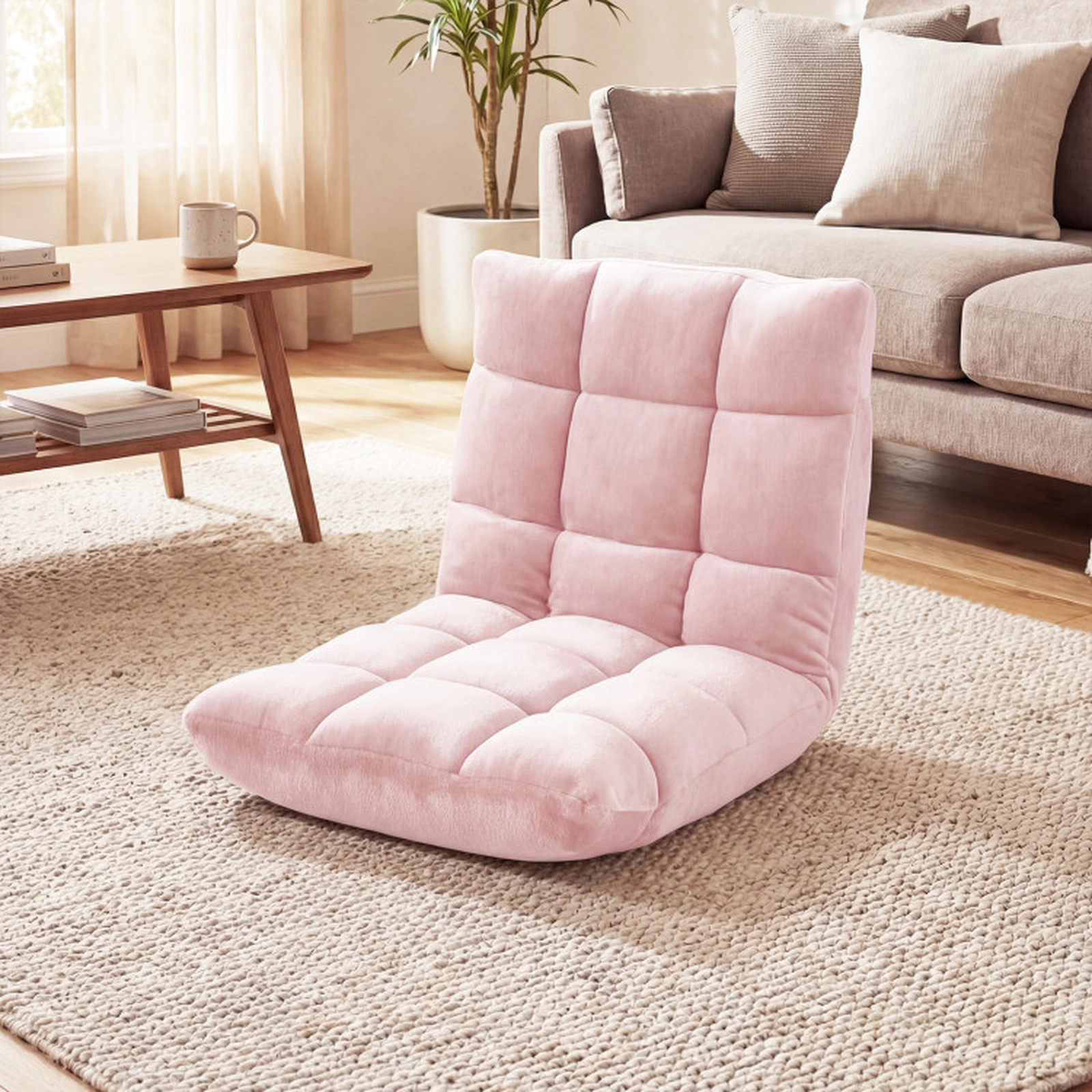 SUGIFT 14-Position Quilted Flannel Folding Floor Gaming Chair 41.5-in x 22-in x 6-in 200-lb Capacity Light Pink