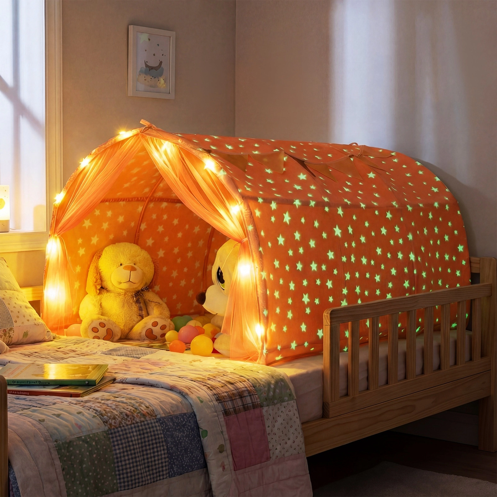Kids Bed Canopy Tent for Twin Bunk Bed Pink with Glow in the Dark Stars Light String and Flag