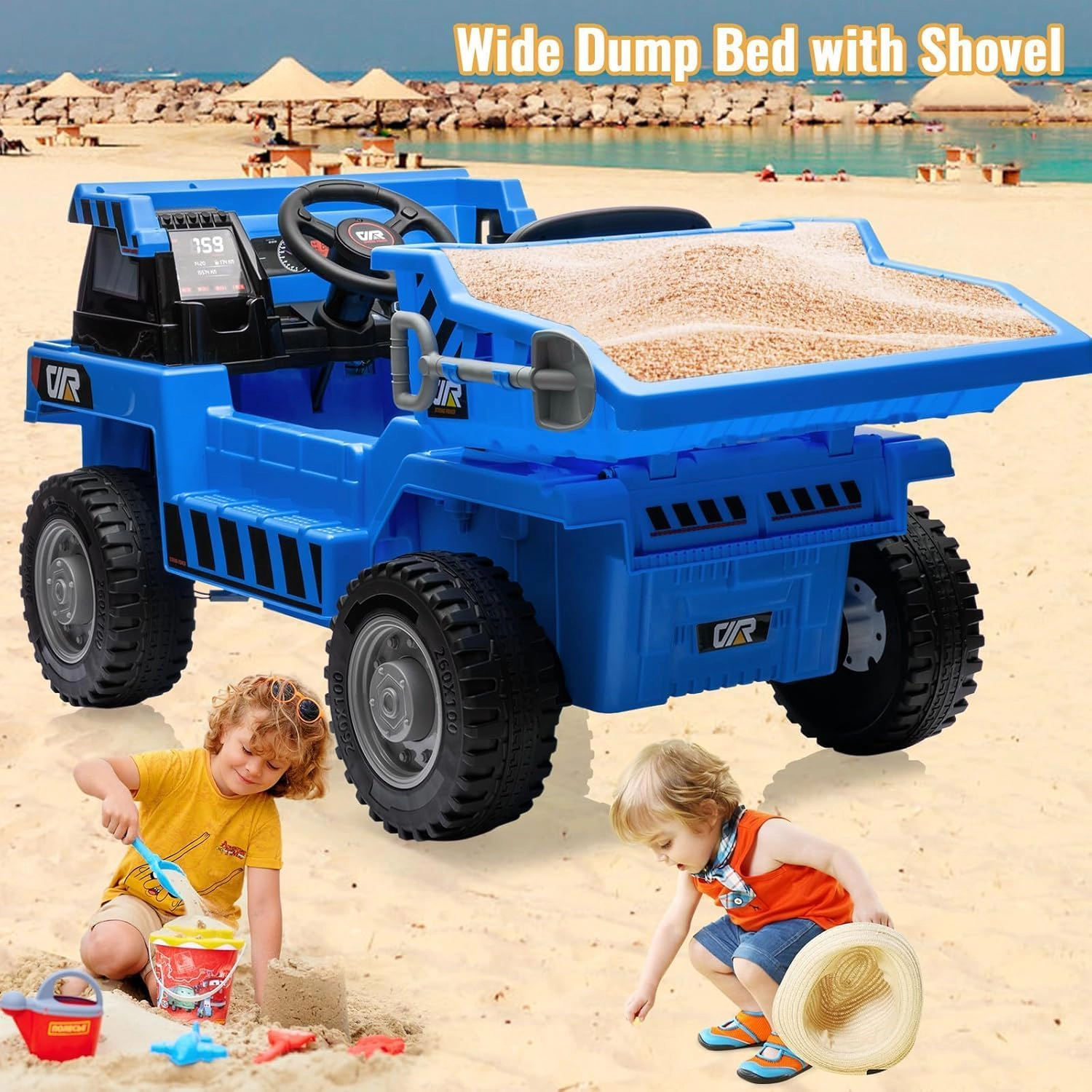 12V Kids Ride On Dump Truck, 4WD Electric Construction Vehicle w/Remote, Bed, Shovel, Music & Lights