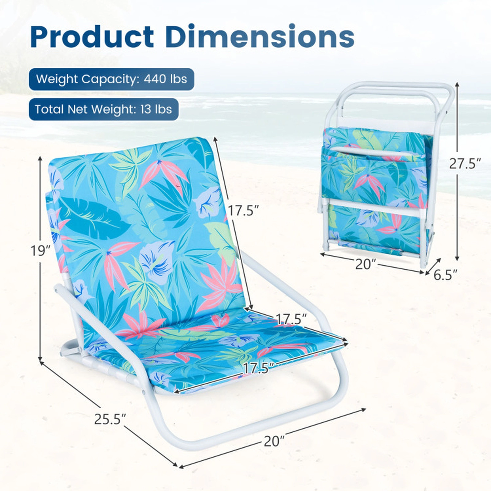 SUGIFT Set of 2 Folding Beach Chairs with Sponge Padded Seat 440-lb Capacity Navy/Colorful