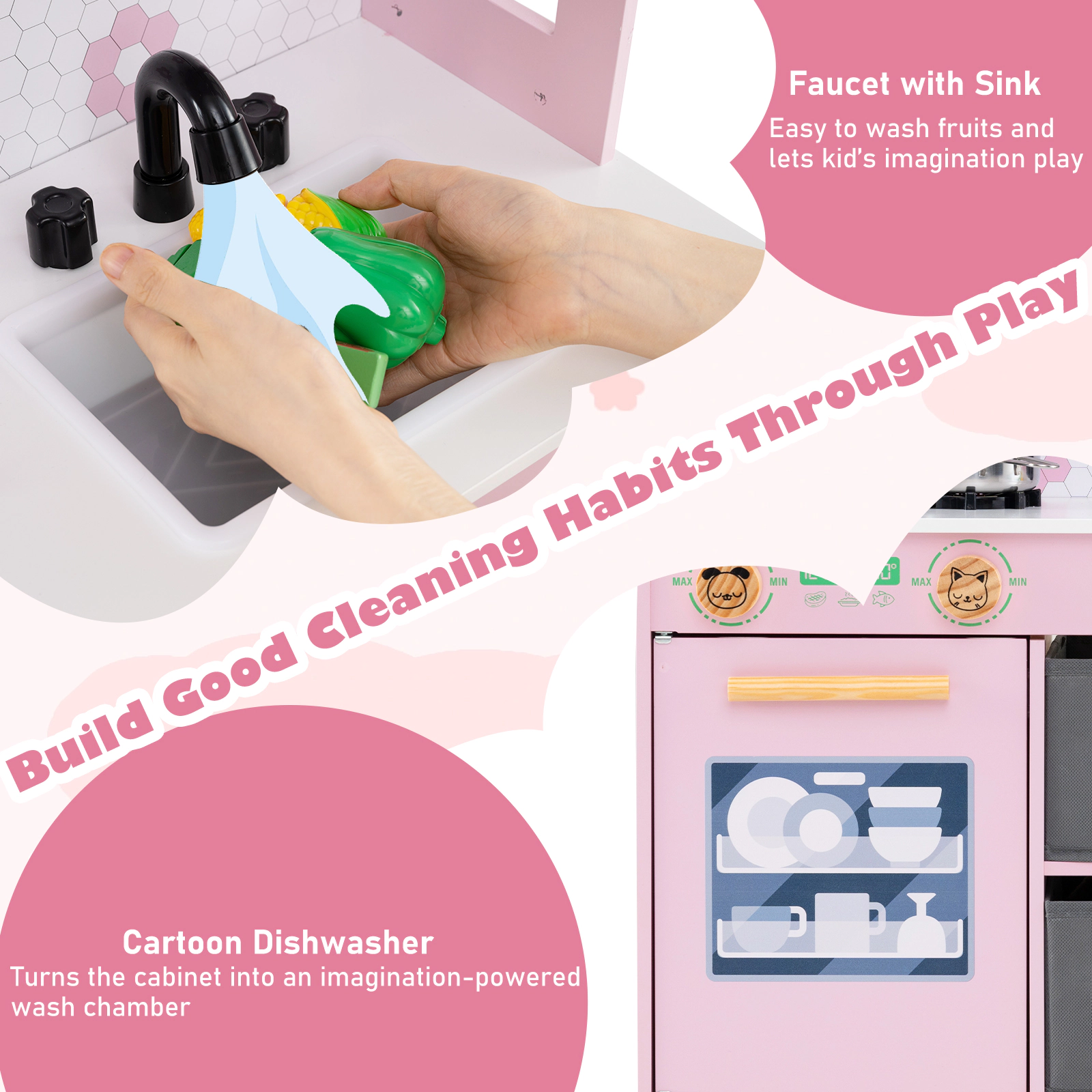 SUGIFT Kids Play Kitchen Toy Playset with 2 Stoves and Rotation Handles 35-in Tall Ages 3-6 Pink/White Wooden Set