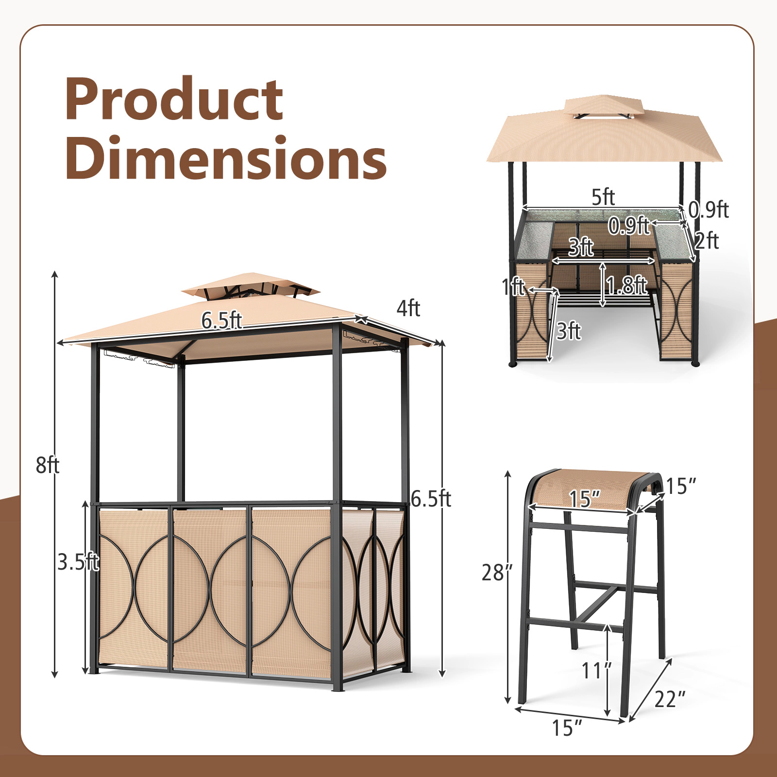 LJG 6.5 x 4 x 8 FT Grill Gazebo Set with 2 Bar Stools and Bar Table