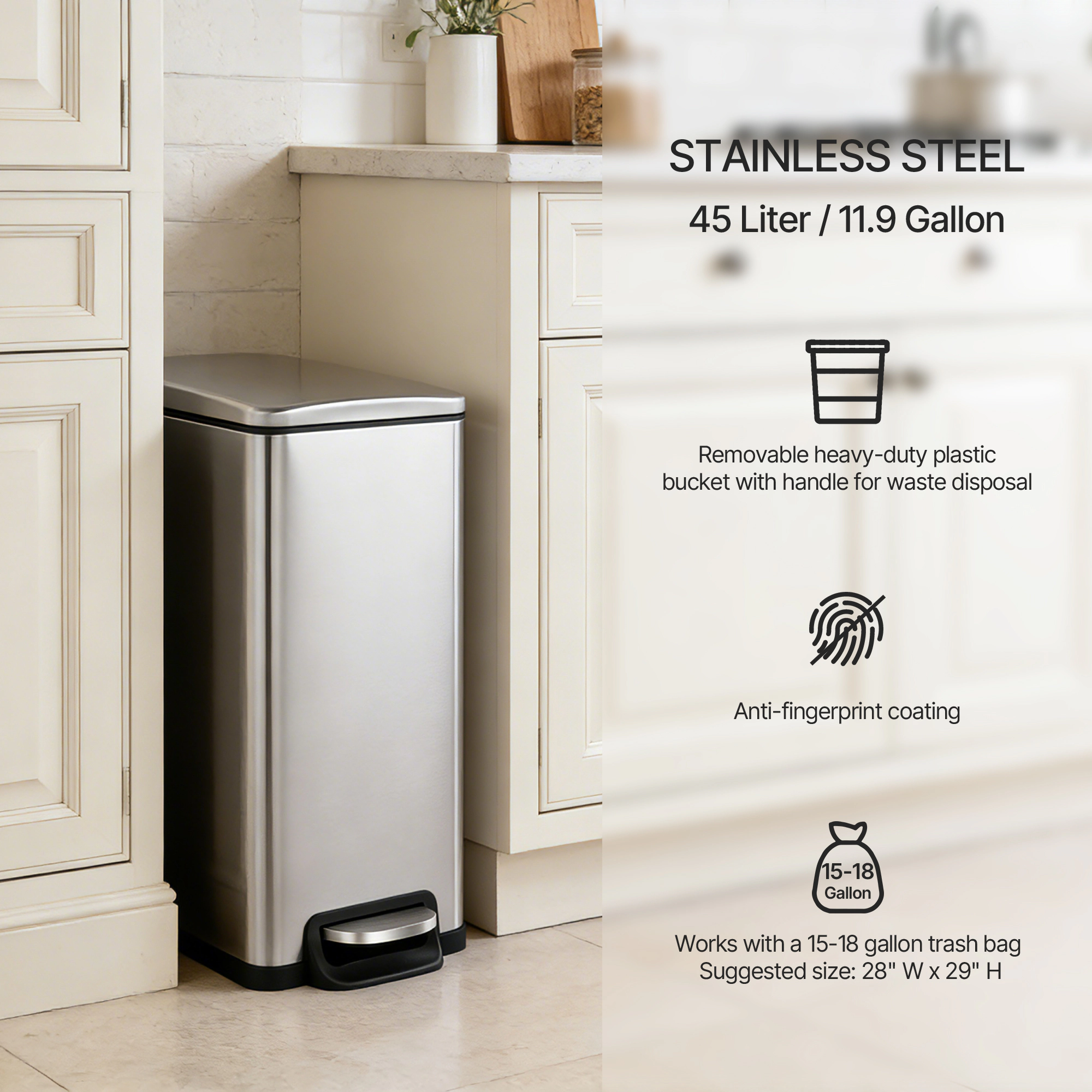Innovaze 11.9 Gal./ 45 L + Two 1.6 Gal./6 L Rectangular Step-on Trash Can Set for Bathroom and Kitchen