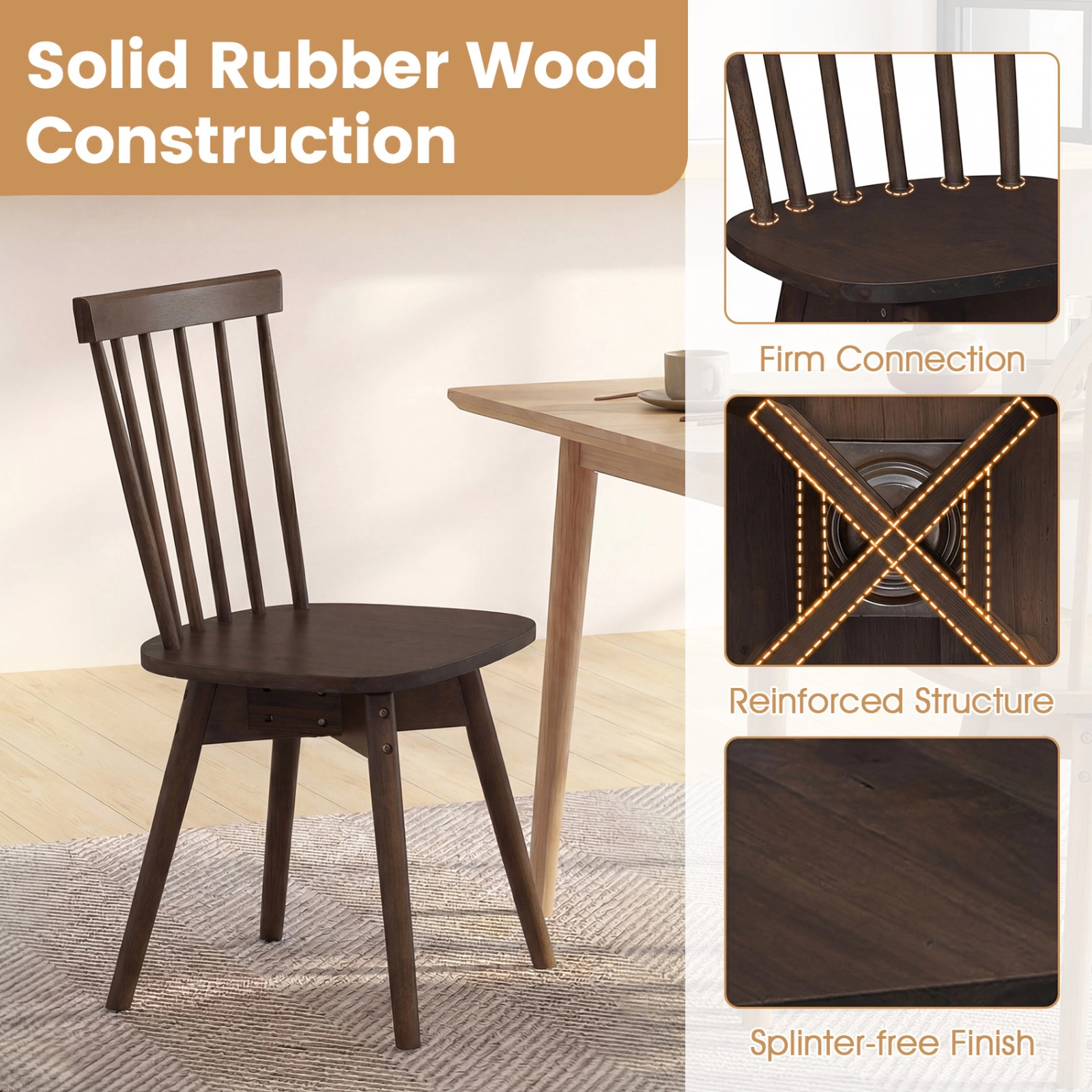 SUGIFT Set of 4 Walnut Windsor Dining Chairs with 360-Degree Swivel Seats