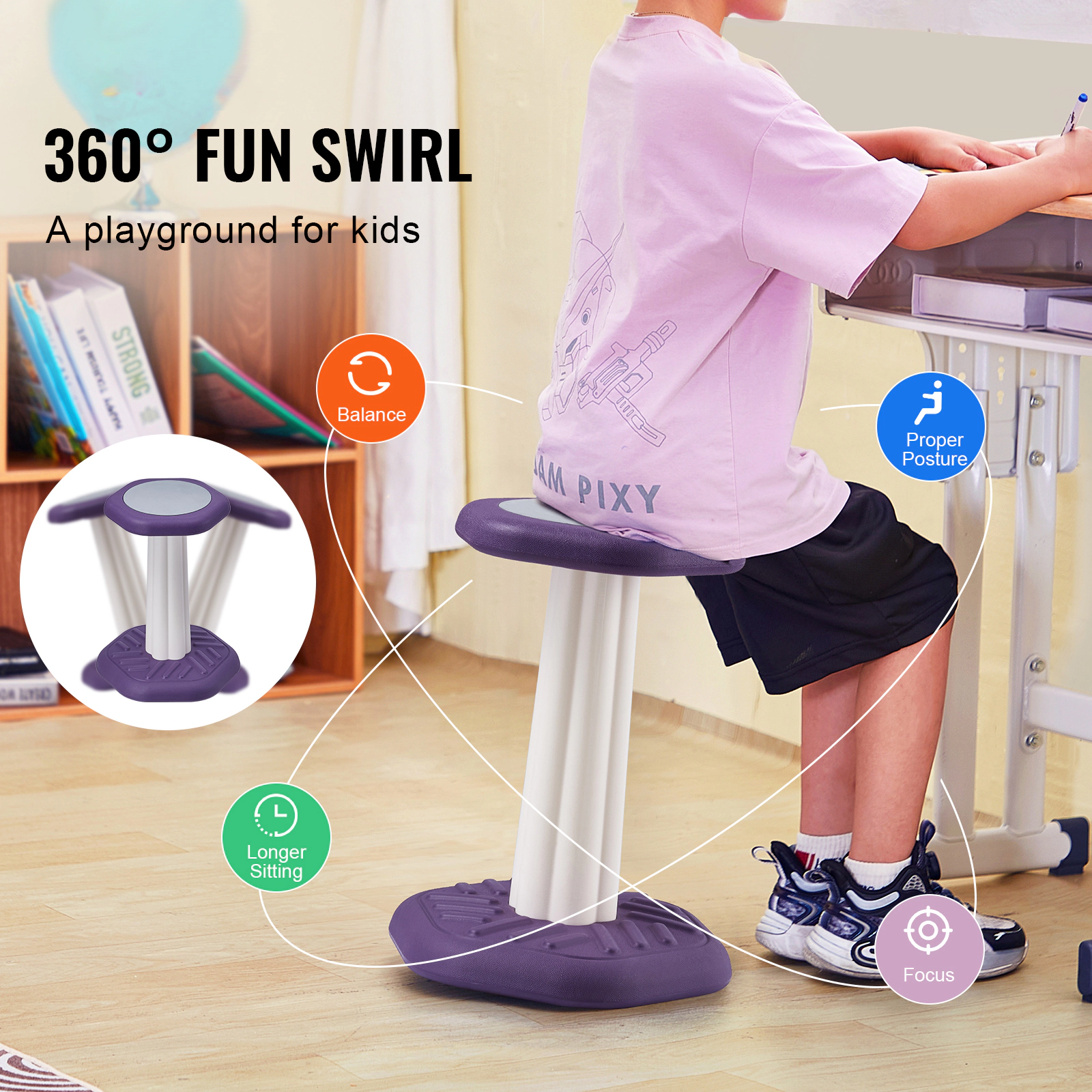 HONGGE Kids Wobble Chair for Ages 7-14, 360-Degree Swivel Stool with Cushioned Seat, HDPE, Holds up to 154 lbs