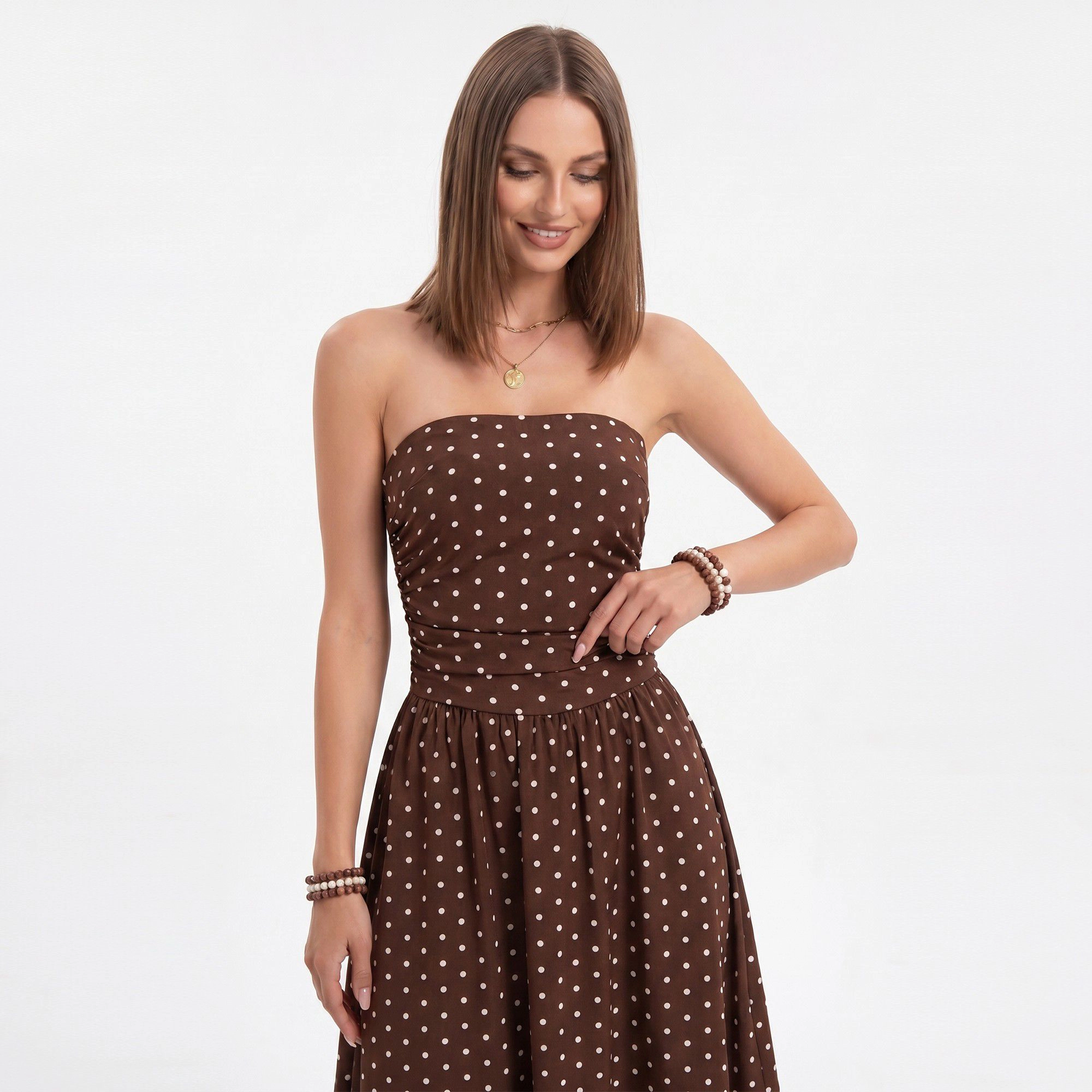 Anna-Kaci Women's Polka Dot Strapless Maxi Dress with Ruched Bodice and Full Skirt