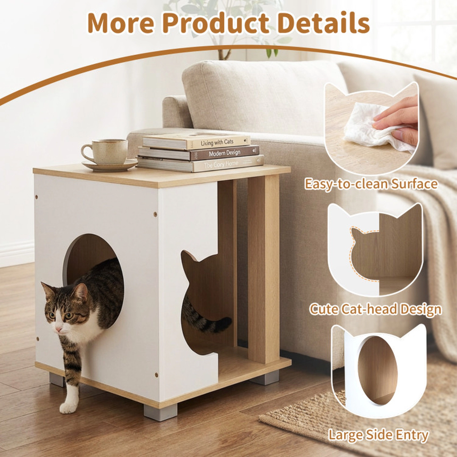 SUGIFT 44-lb Capacity Wooden Semi-Enclosed Cat Bed Side Table with Cat Head Entry and Metal Legs