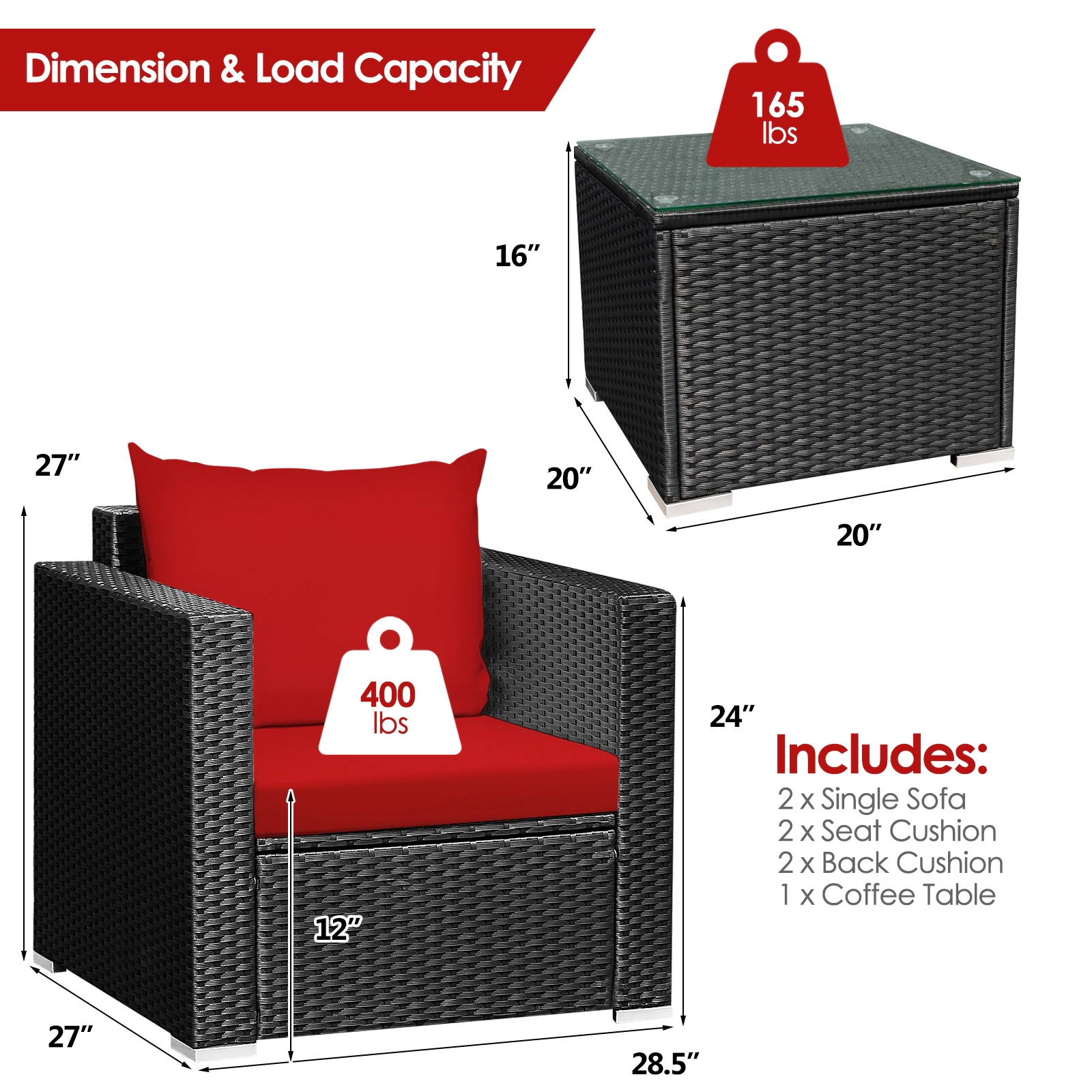 SUGIFT Patio Wicker Conversation Set with Cushions 400-lb Sofa Capacity Red Black Rattan