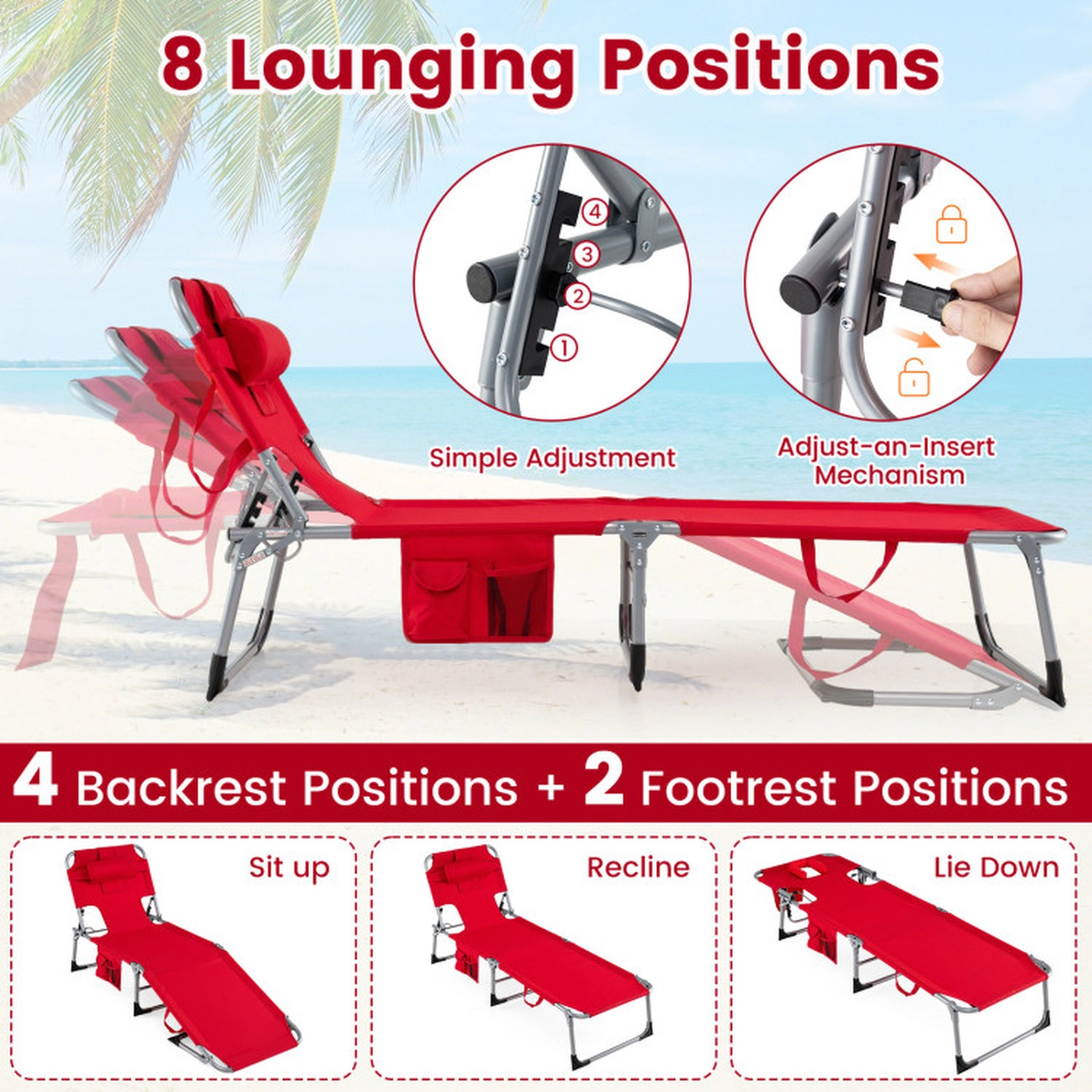 SUGIFT Adjustable Folding Tanning Chair with Face and Arm Holes 330-Lb Capacity 76-in Frame Oxford Cloth with Pillow