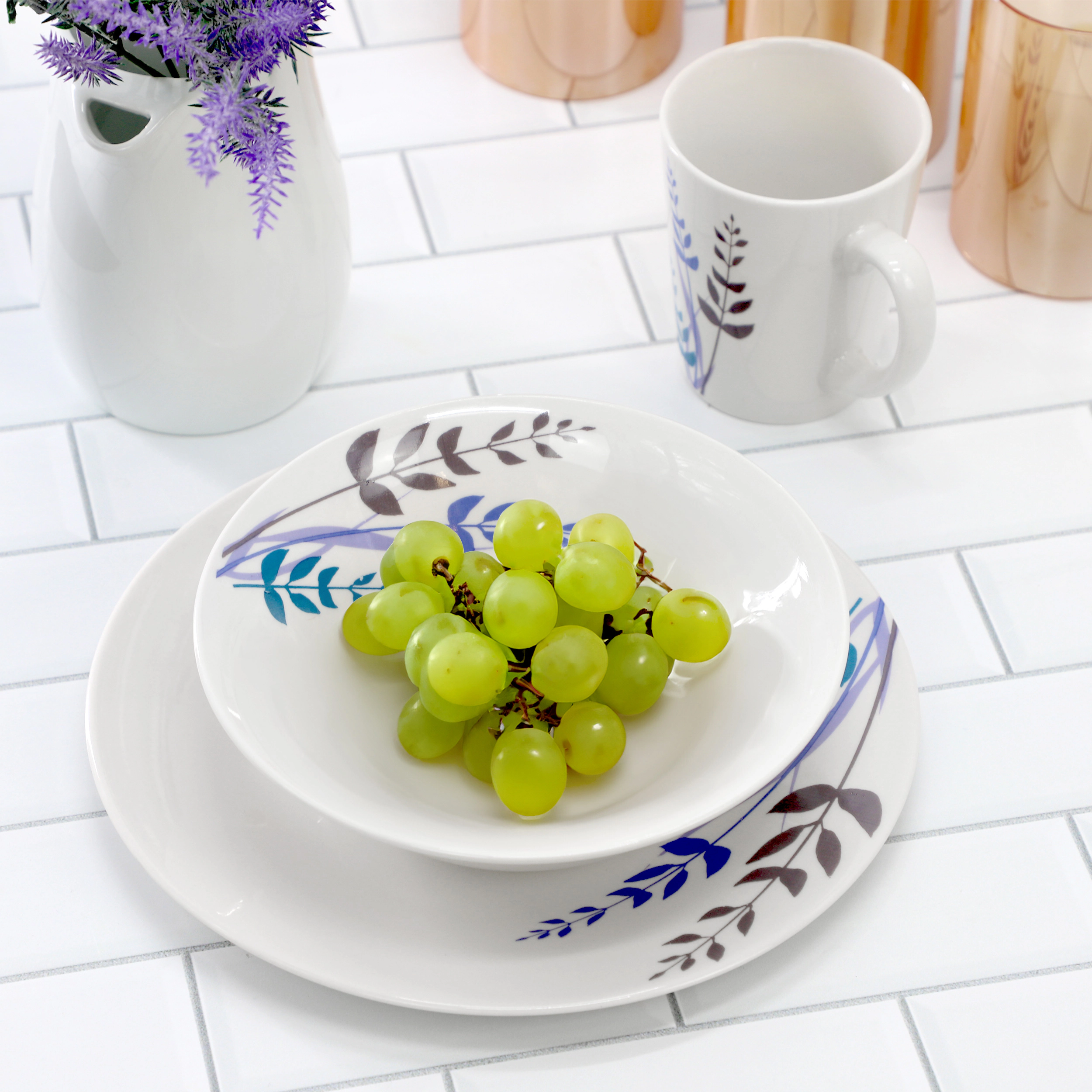 Gibson Home Blue Leaves 12 Piece Round Fine Ceramic Decorated Dinnerware Set in White