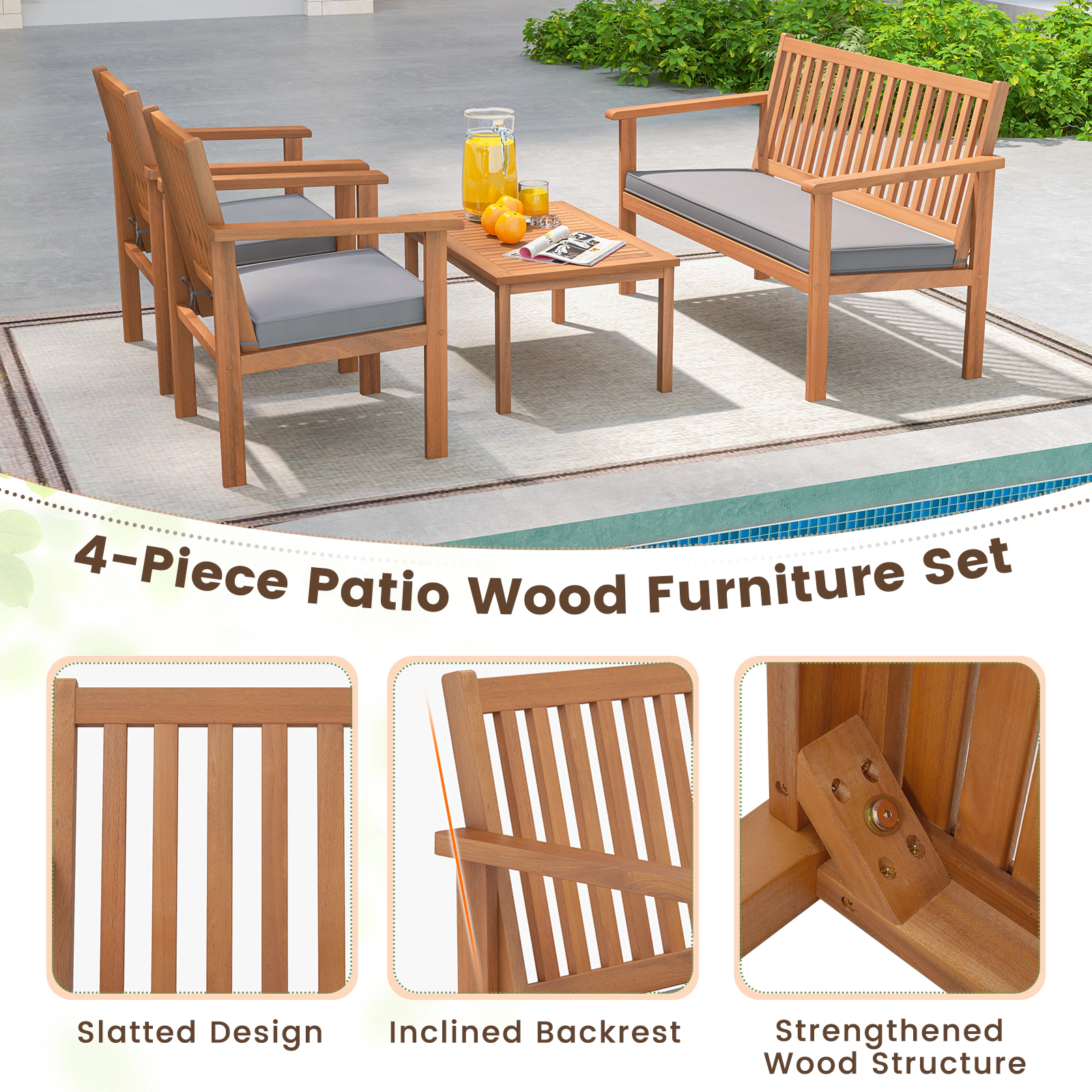 SUGIFT 4-Piece Gray Acacia Wood Patio Conversation Set with Loveseat, Armchairs and Coffee Table