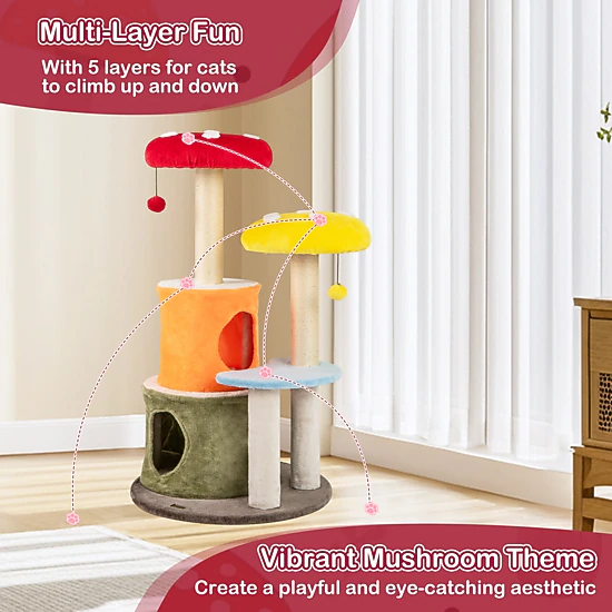 Glintex 43-Inch Colorful Mushroom Cat Tree with 2 Condos and 2 Padded Platforms, Multicolor
