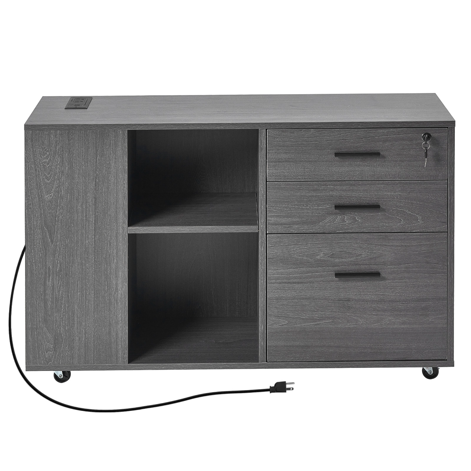 HONGGE 3-Drawer Wood File Cabinet with Lock & Power Strip, Rolling Storage Cabinet with Adjustable Shelves, Gray