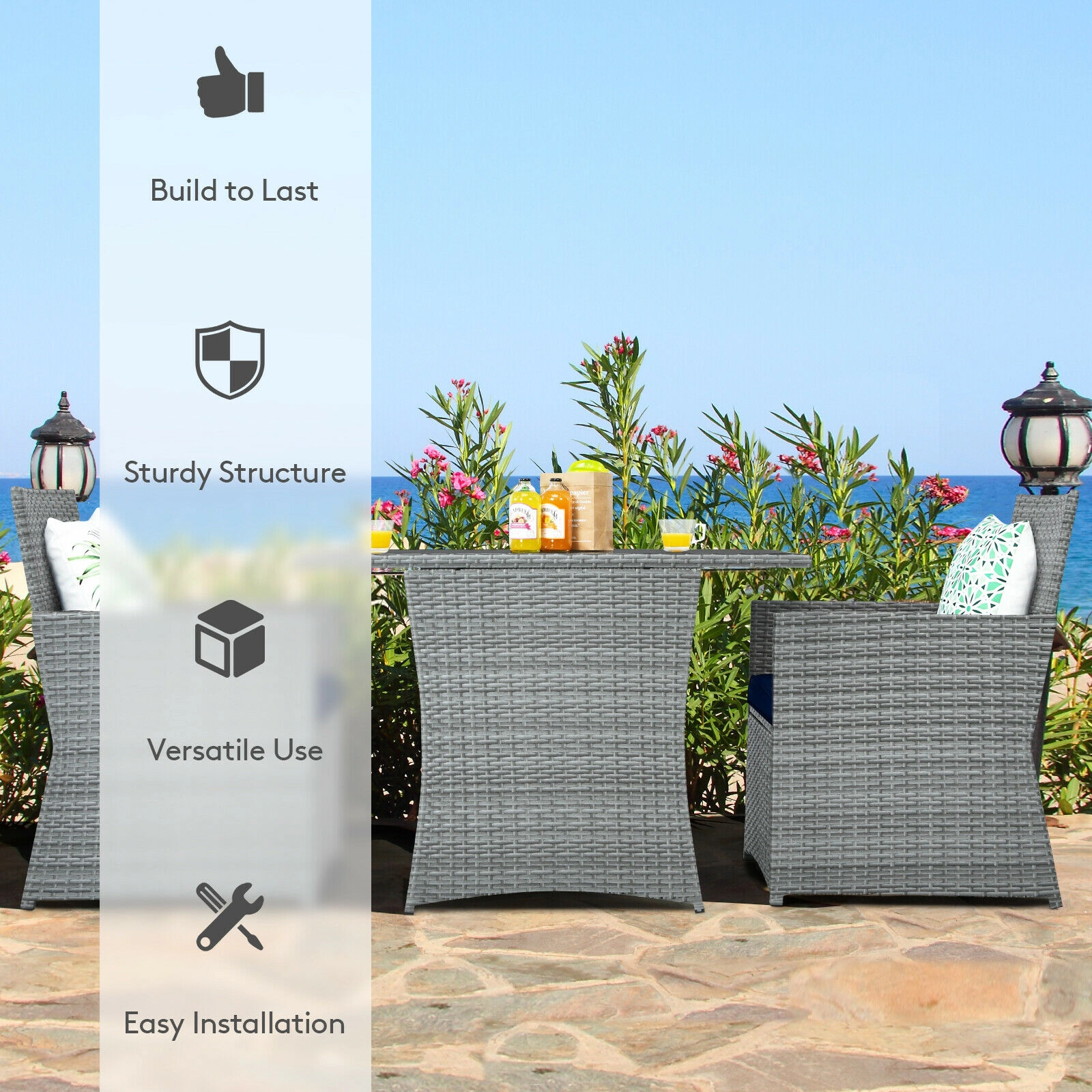SUGIFT Patio Rattan Conversation Set with Cushioned Armrest Chairs 110-lb Table and 350-lb Chair Capacity Navy Cushion