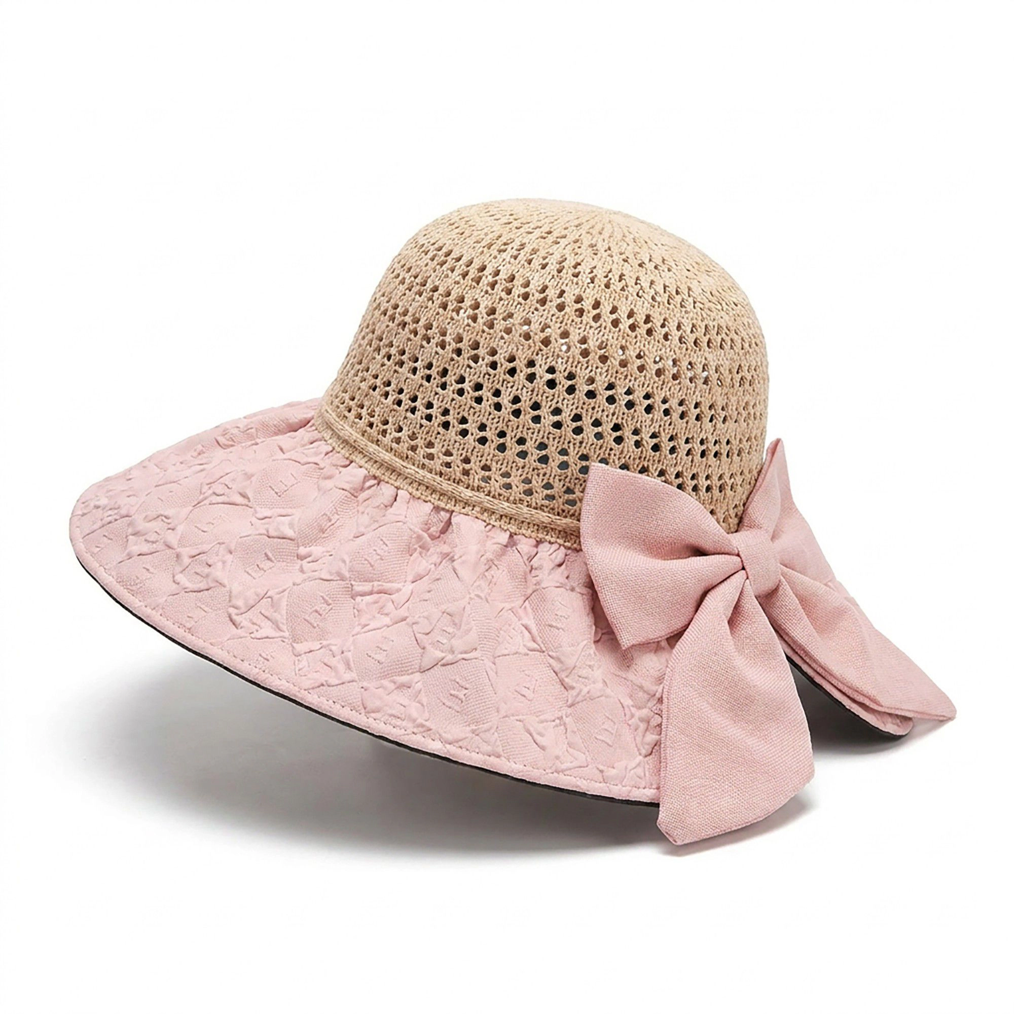 Anna-Kaci Women's Wide Brim Crochet Sun Hat with Bow Accent and Textured Fabric