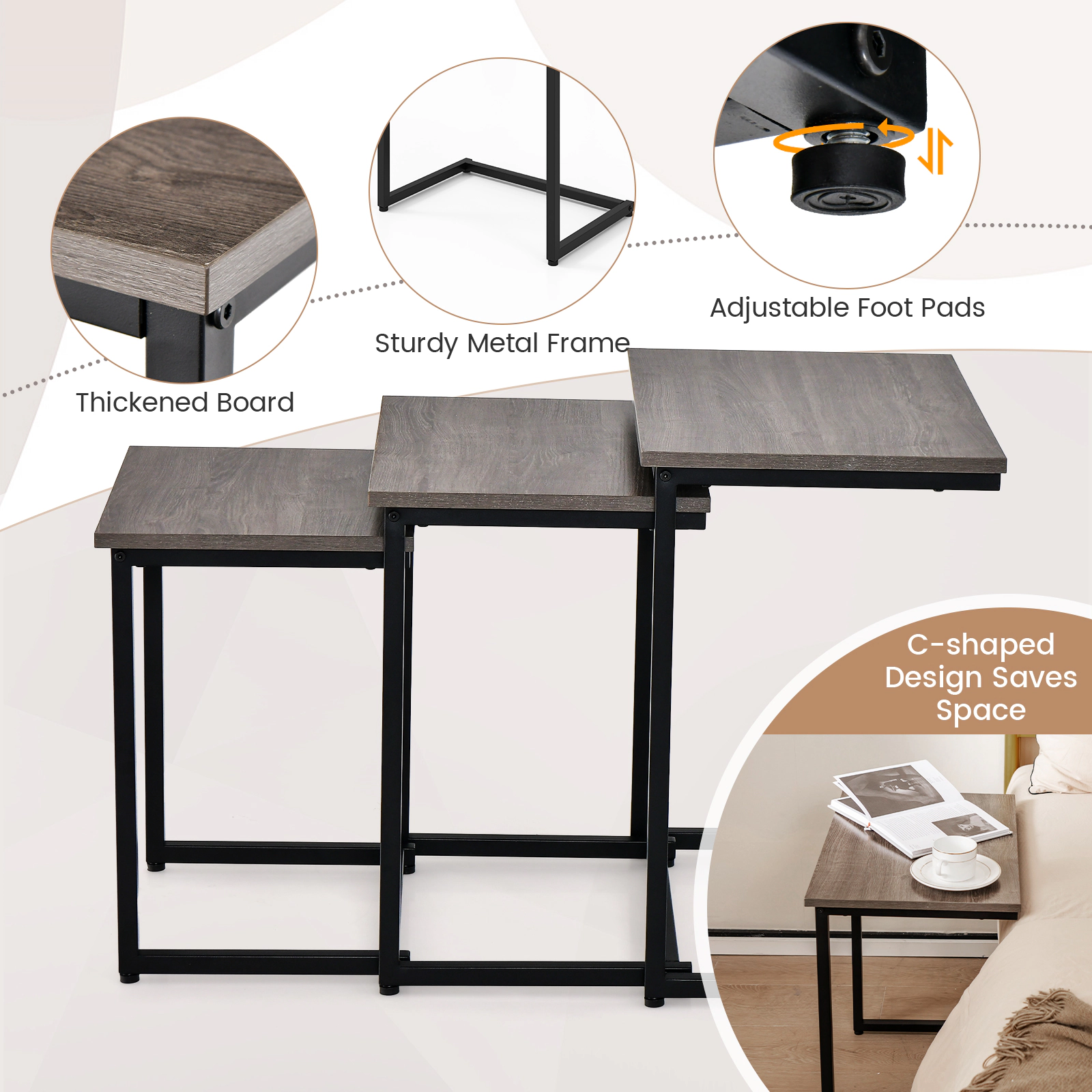 Glintex 3-Piece Stackable C-Shaped Nesting Side Table Set with Steel Tube Frames, Oak