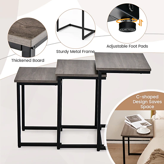 Glintex 3-Piece Stackable C-Shaped Nesting Side Table Set with Steel Tube Frames, Oak