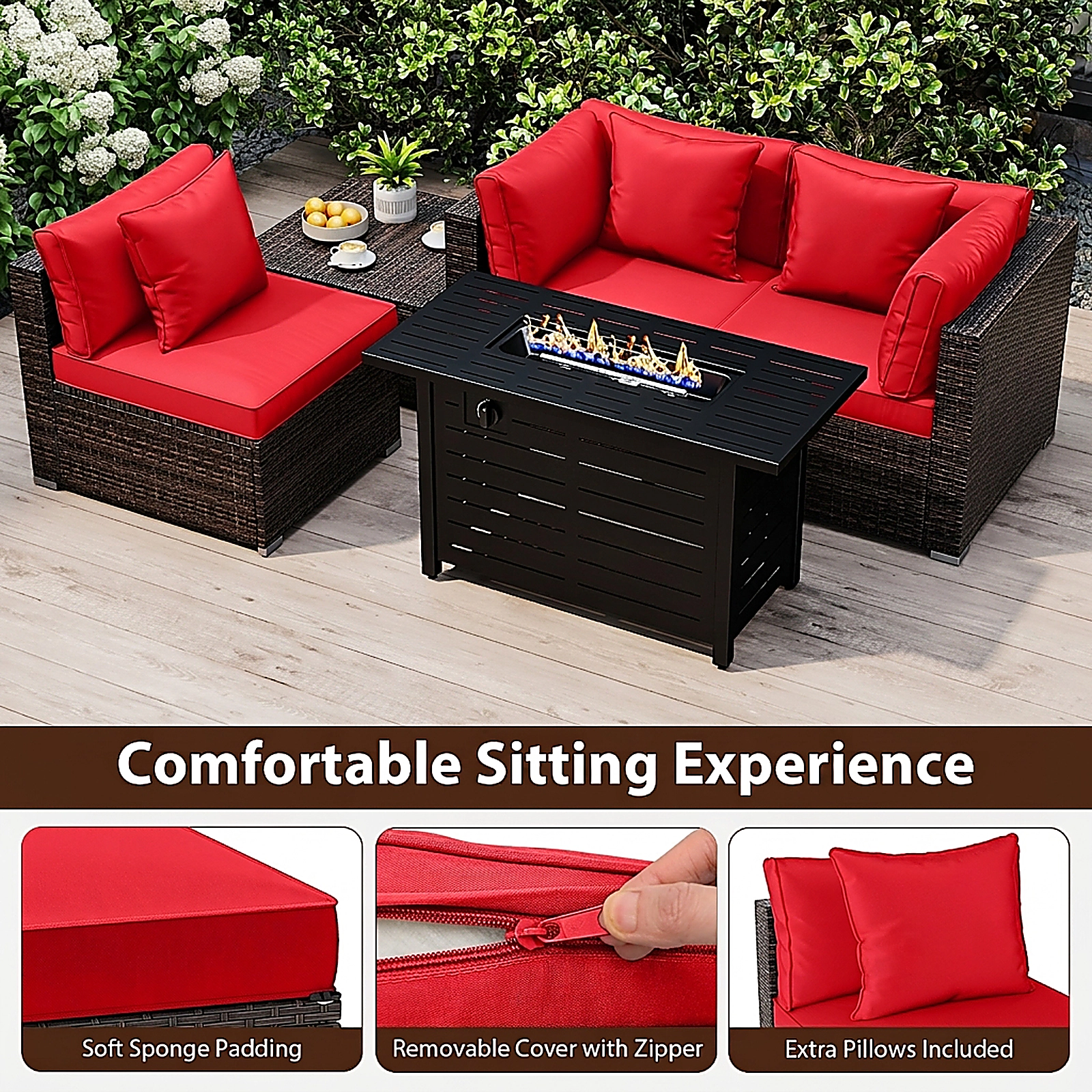 SUGIFT 5-Piece Red Rattan Patio Fire Pit Set, 60,000 BTU Fire Table, Corner Sofas and Ottoman