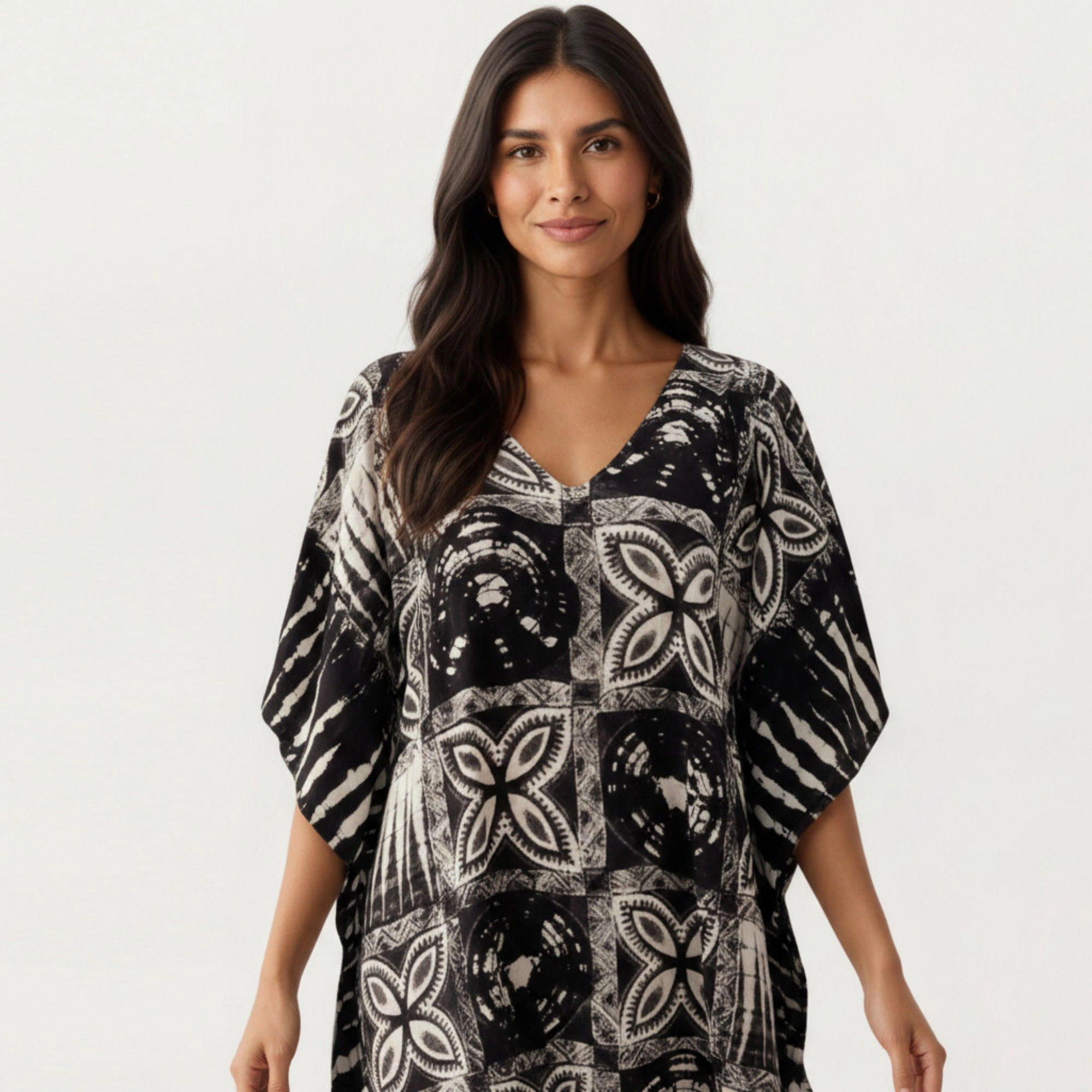 Anna-Kaci Women's Geometric Print Maxi Caftan Dress with V-Neckline Relaxed Fit and Draped Silhouette