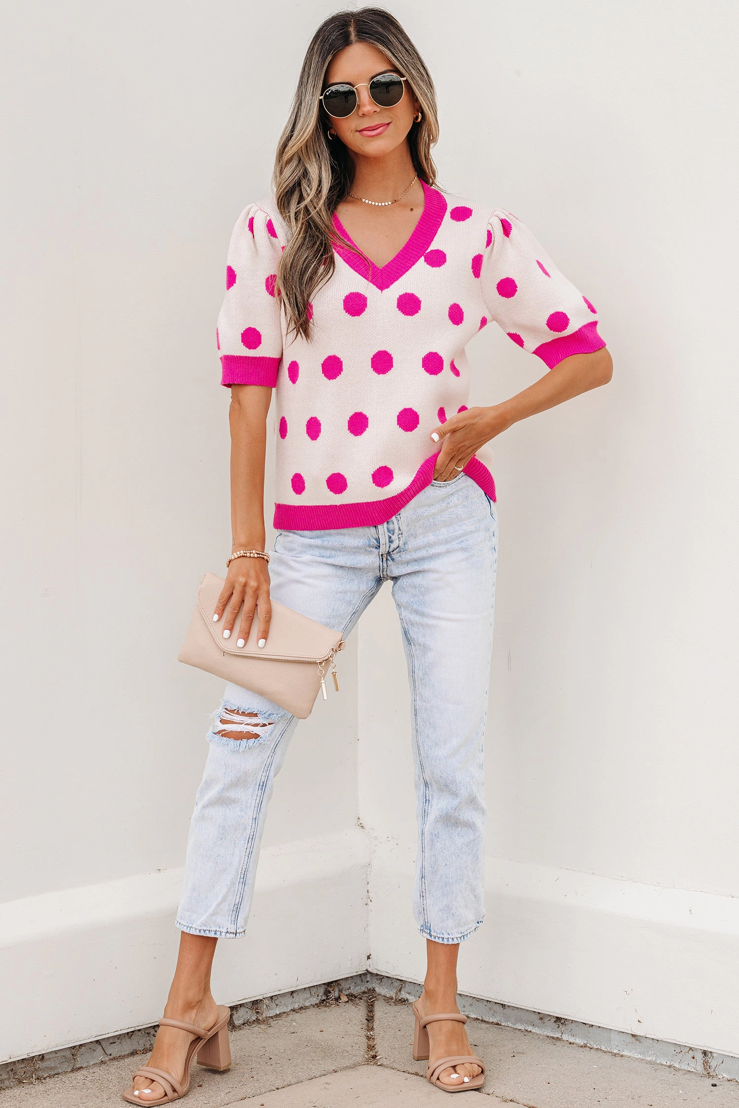 19092 Alexia Puff Short Sleeve Sweater - Pink Floral Knit