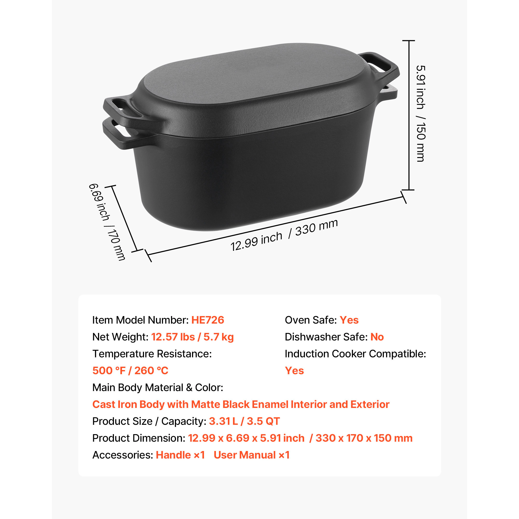 HONGGE Enameled Cast Iron Dutch Oven Pot with Lid and Dual Handles Heavy-Duty Durable Cookware Pan Induction
