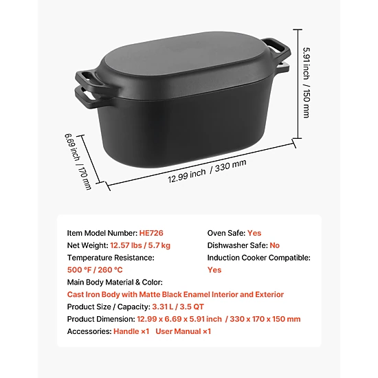 HONGGE Enameled Cast Iron Dutch Oven Pot with Lid and Dual Handles Heavy-Duty Durable Cookware Pan Oven Induction