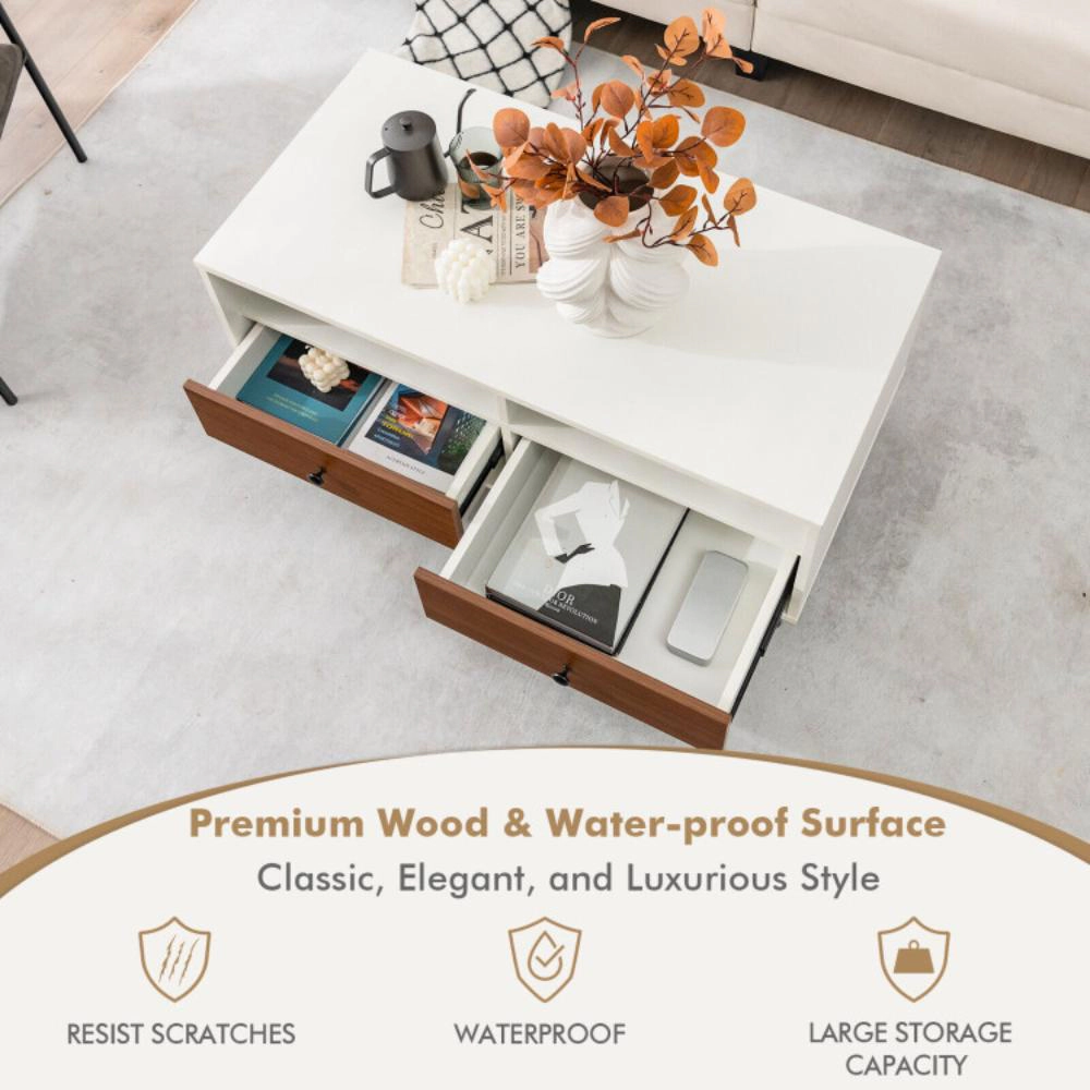 Hivvago Modern 40-Inch Coffee Table with Drawers and Two-Tier Storage Design