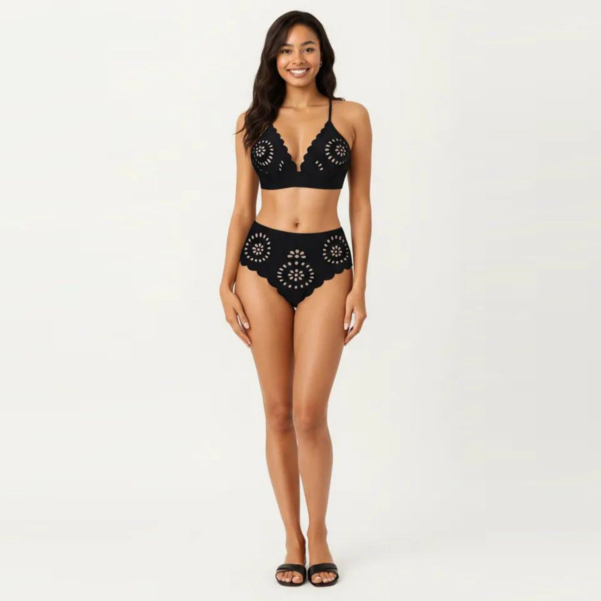Anna-Kaci Women's 2-Piece Bikini Set with Scalloped Trim Laser Cut Design Triangle Top High Waisted Bottom