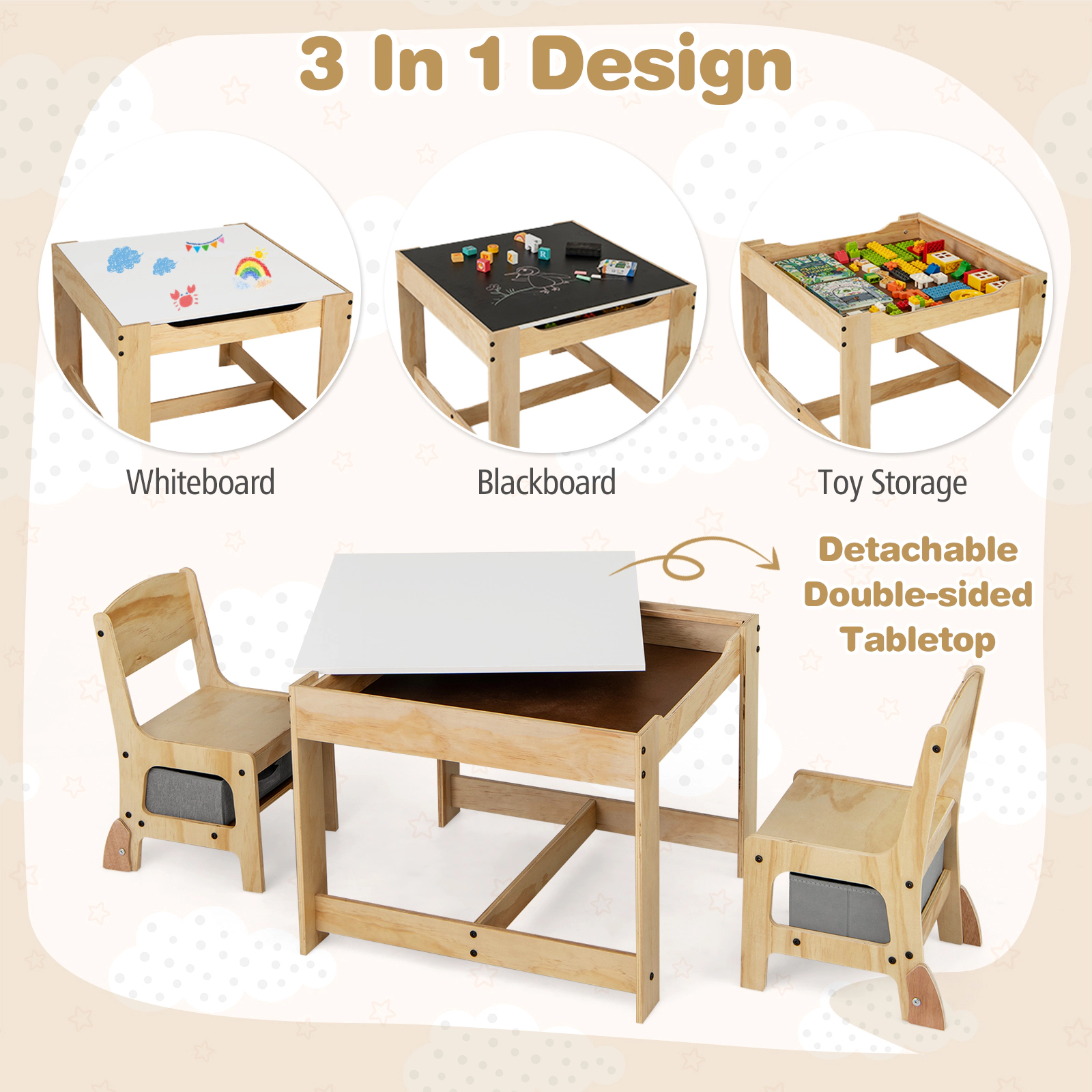 SUGIFT Gray Reversible Top and 2 Storage Drawers 3-in-1 Kids Table and 2 Chair Set
