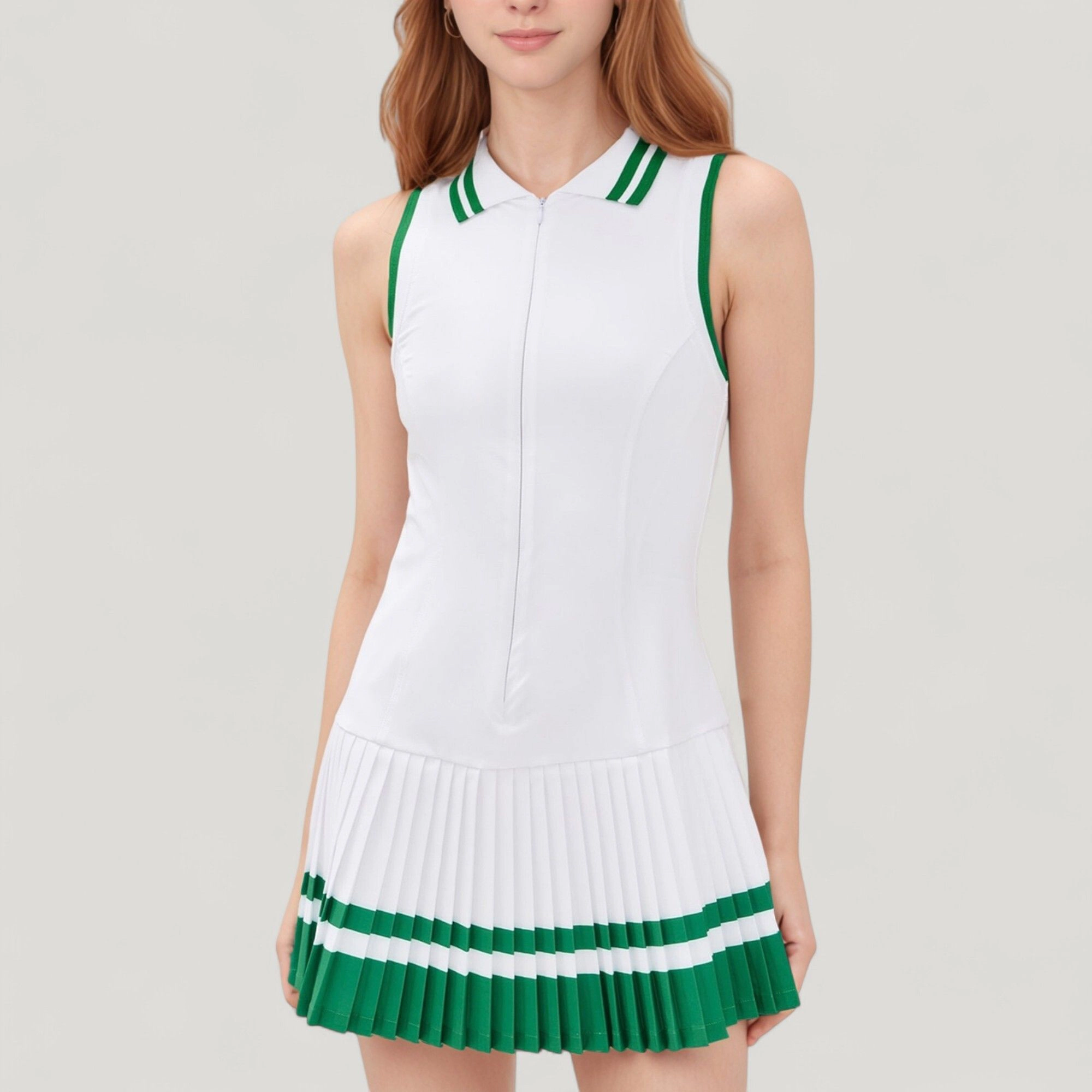 Anna-Kaci Women’s Sleeveless Tennis Dress - Zip Front, Striped Contrast Collar, Colorblock Pleated Skirt