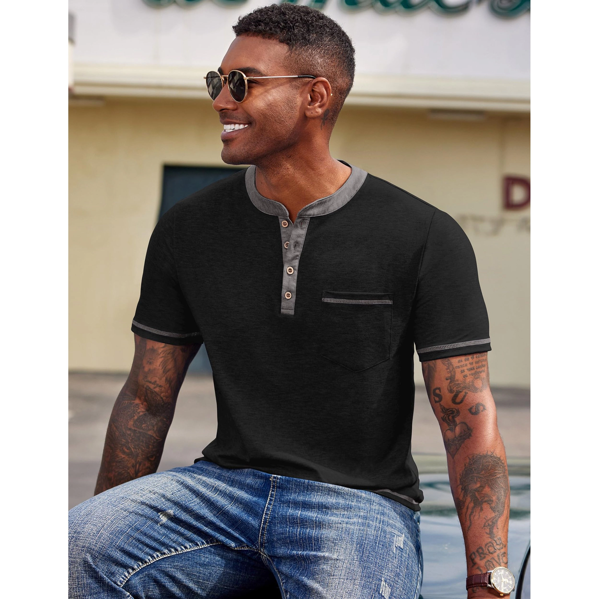 COOFANDY Mens Short Sleeve Henley Shirt Contrast Trim Button Pocket Casual Tee Tops